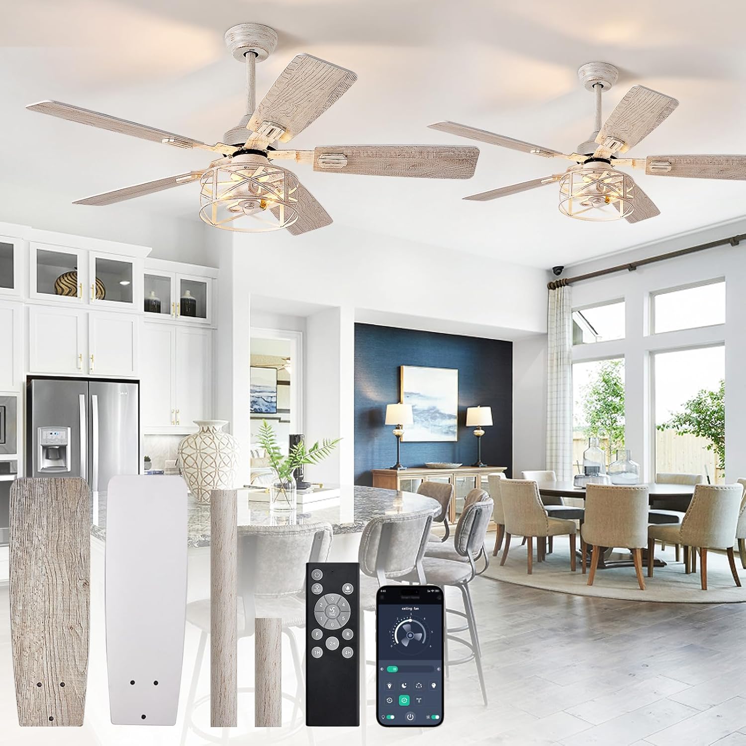 Depuley 52in Ceiling Fans with Lights: 2 Pack White Gold Caged Ceiling Fan with Remote - Farmhouse Ceiling Fan with Dual Finish 5 Blades for Living Room 6 Speeds Timer Reversible E26 Bulbs Included White Gold 52 Inch-2 Pack