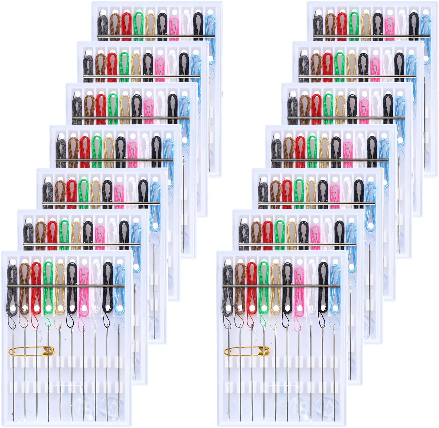 MTLEE 14 Boxes 140 Pieces Mini Quick Fix Sewing Kit Easy Pre Threaded Needle Basic Personal Kit Plastic Threaded Needle Holder Small Home Travel Sewing Box with Pin Button, Assorted Colors