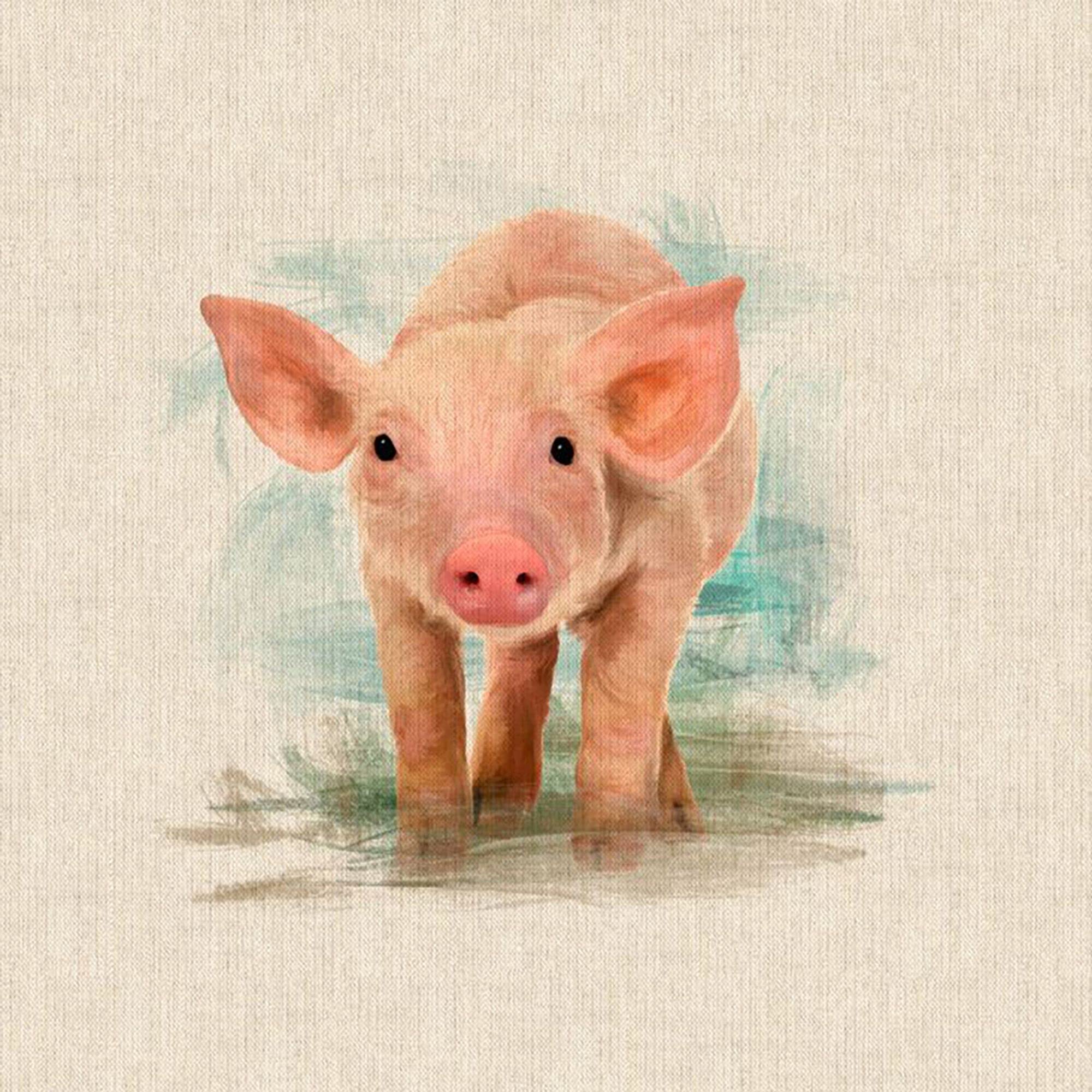 Watercolour Animals Digital Print Design Cotton Rich Linen Look Fabric for Bunting Blinds Craft Quilting Patchwork & Upholstery | Sold Per Panel (Piglet)