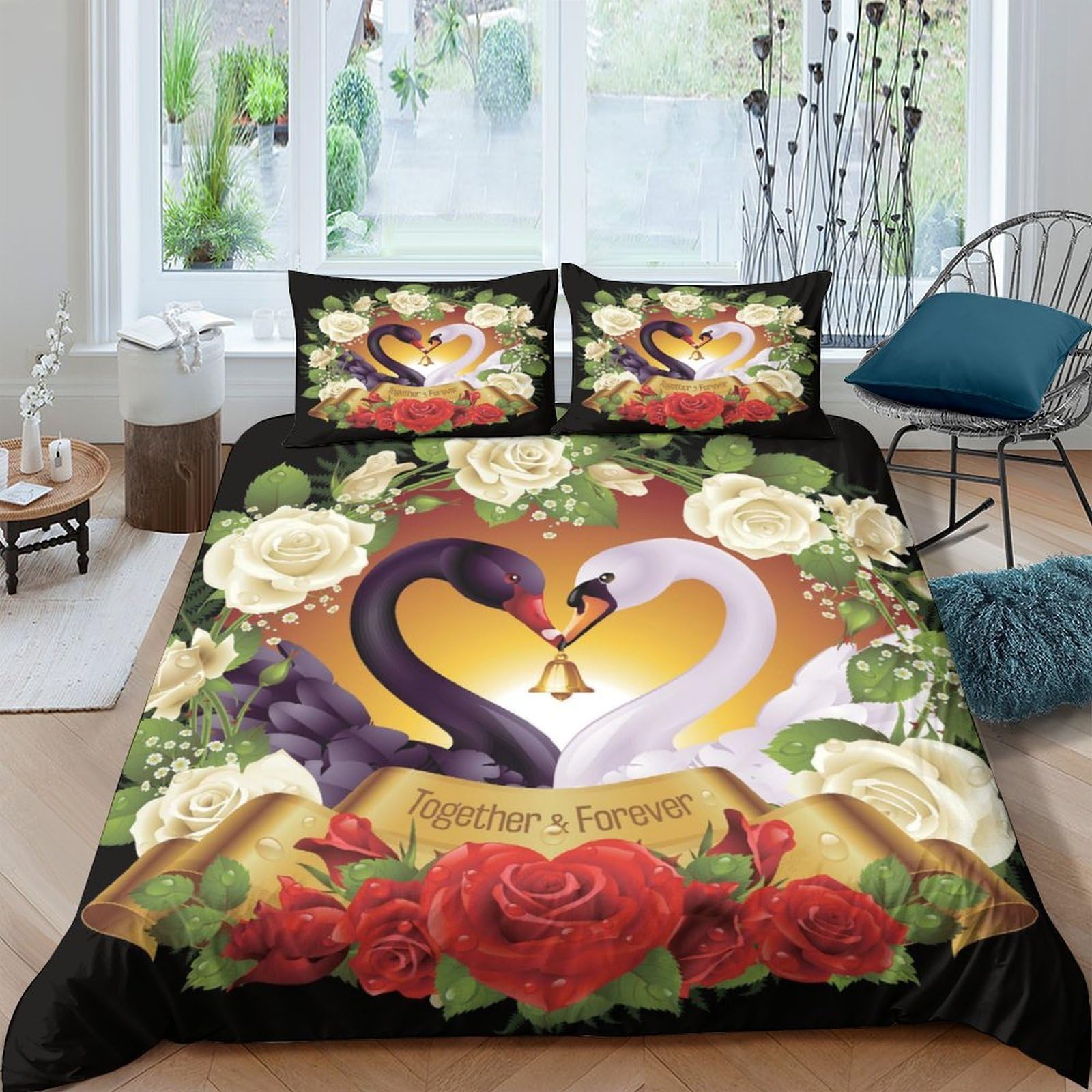 Ctjqhvkz Style-3 3D Printed Swan Love Fitted Sheet Microfiber Floral Mattress Cover For Bedroom Guest Room Home Decor Washable Single（135X200cm）