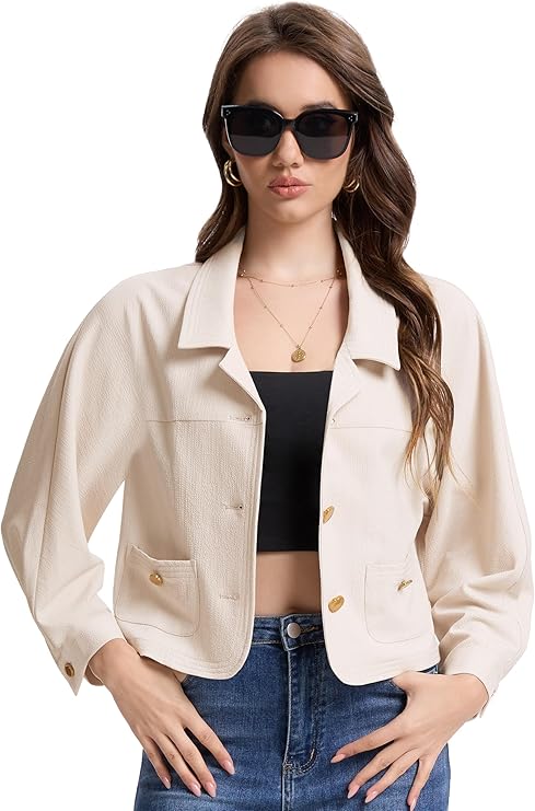 M.Infisavo Women Shacket Jackets Textured Elegant Collared Long Sleeve Cropped Shirt Jackets