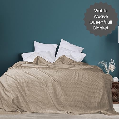 Miniatura 3 de Cotton Clinic Manta de cama de punto gofre, 100% algodón, para todas las estaciones, suave, transpirable, ligera, capa perfecta para sofá, cama,