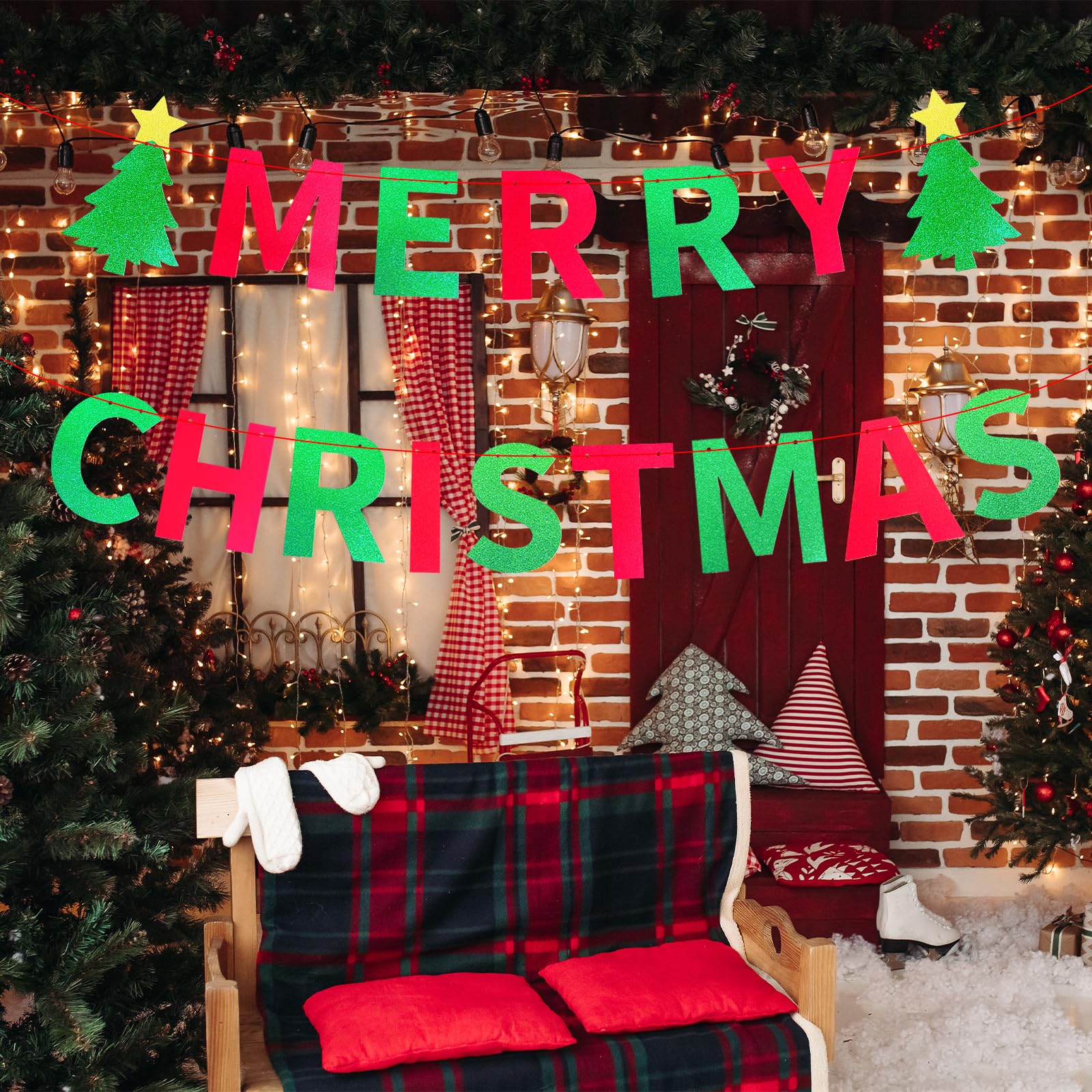 Cartel de fiesta de Feliz Navidad, guirnalda de letras rojas y verdes con purpurina con recortes de árbol de Navidad, divertida decoración para colgar en la pared para vacaciones, oficina, suministros