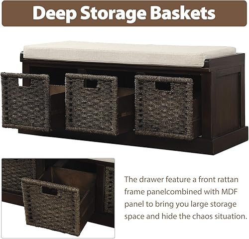 Miniatura 7 de Merax Banco de almacenamiento totalmente montado con 3 cestas extraíbles, banco de zapatos con cojín extraíble para entrada, pasillo, sala de estar