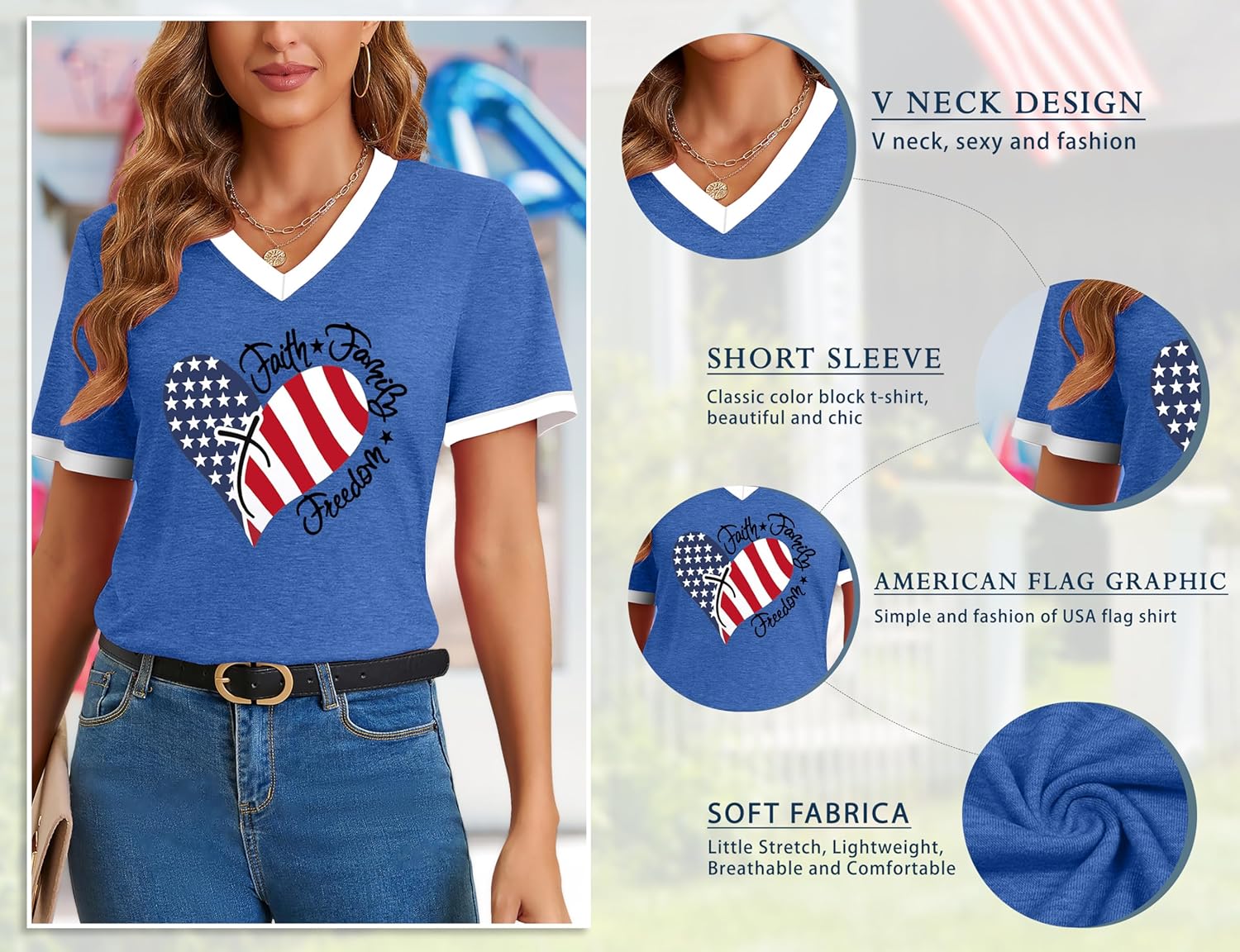 PECHAR 4th of July Shirts Women American Flag T-Shirt Faith Family Freedom Tshirt V-Neck Short Sleeve Patriotic Tees - Image 6
