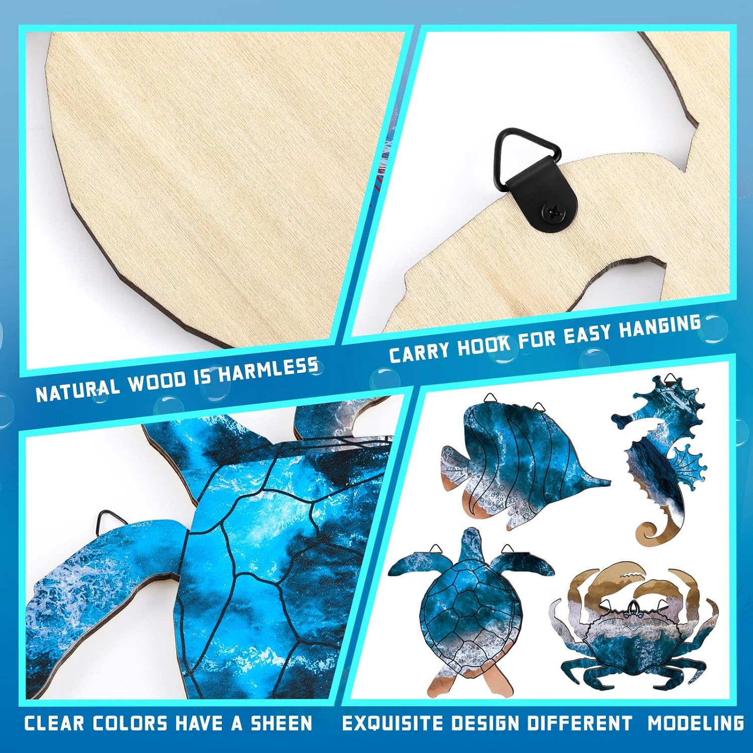 Qunclay Christmas Coastal Wall Decor Christmas gift Summer Beach Wall Art Decor Sea Turtle Seahorse Crabs Fish Wooden Ocean Beach Themed Hanging Art(Vivid) - Image 5