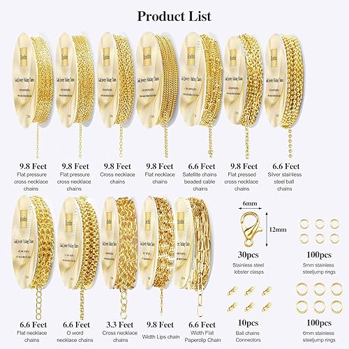 Miniatura 3 de Ecoofor Cadenas de oro para hacer joyas, 95.1 pies, 12 rollos de cadenas de joyería para hacer collares, pulseras, joyas con anillos de saltocierres