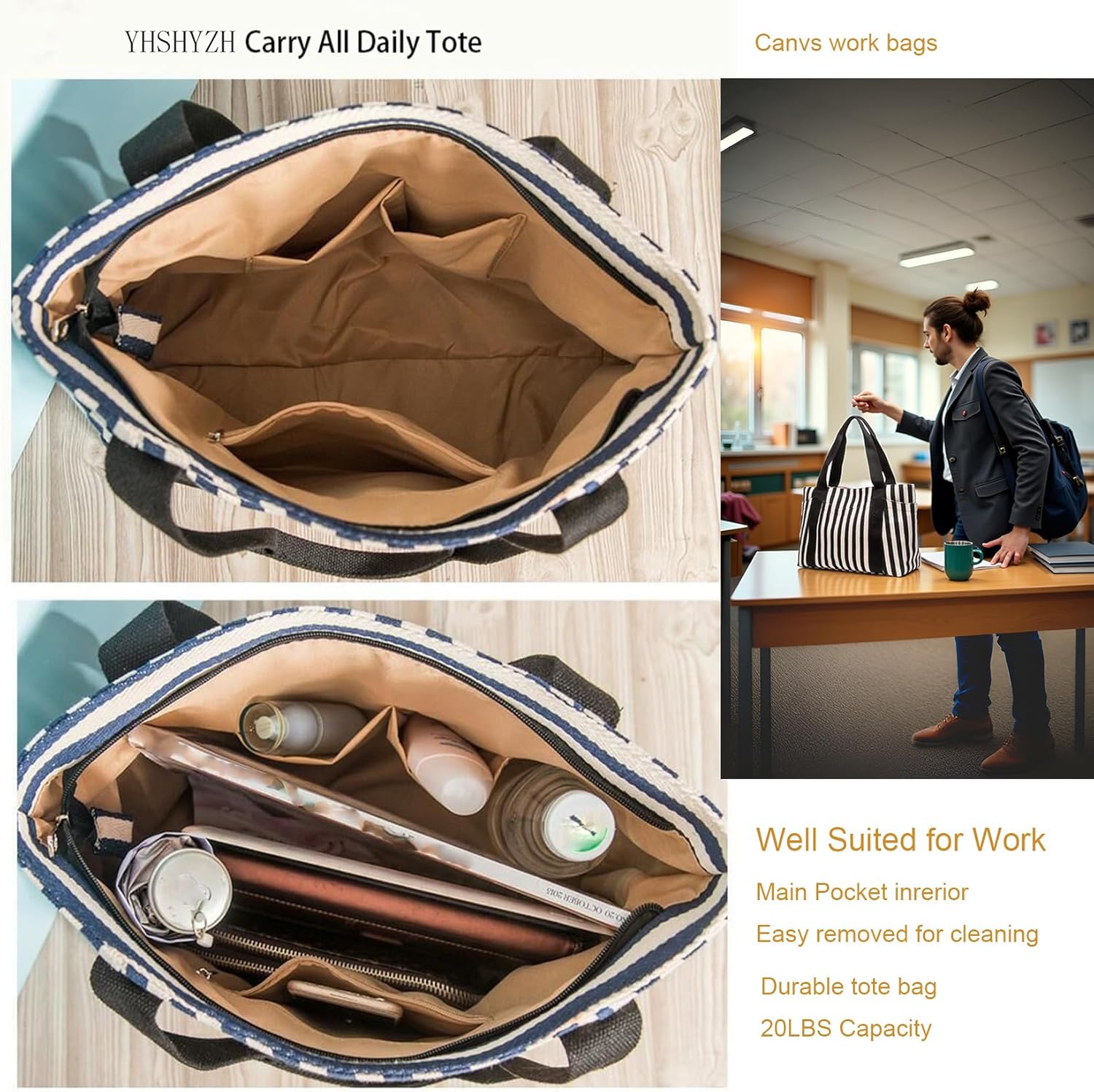 Canvas Tote Bag for Women, Striped Shoulder Handbag With Multi-Pockets & Zipper, Daily Purse for Work, Tavel, Gym