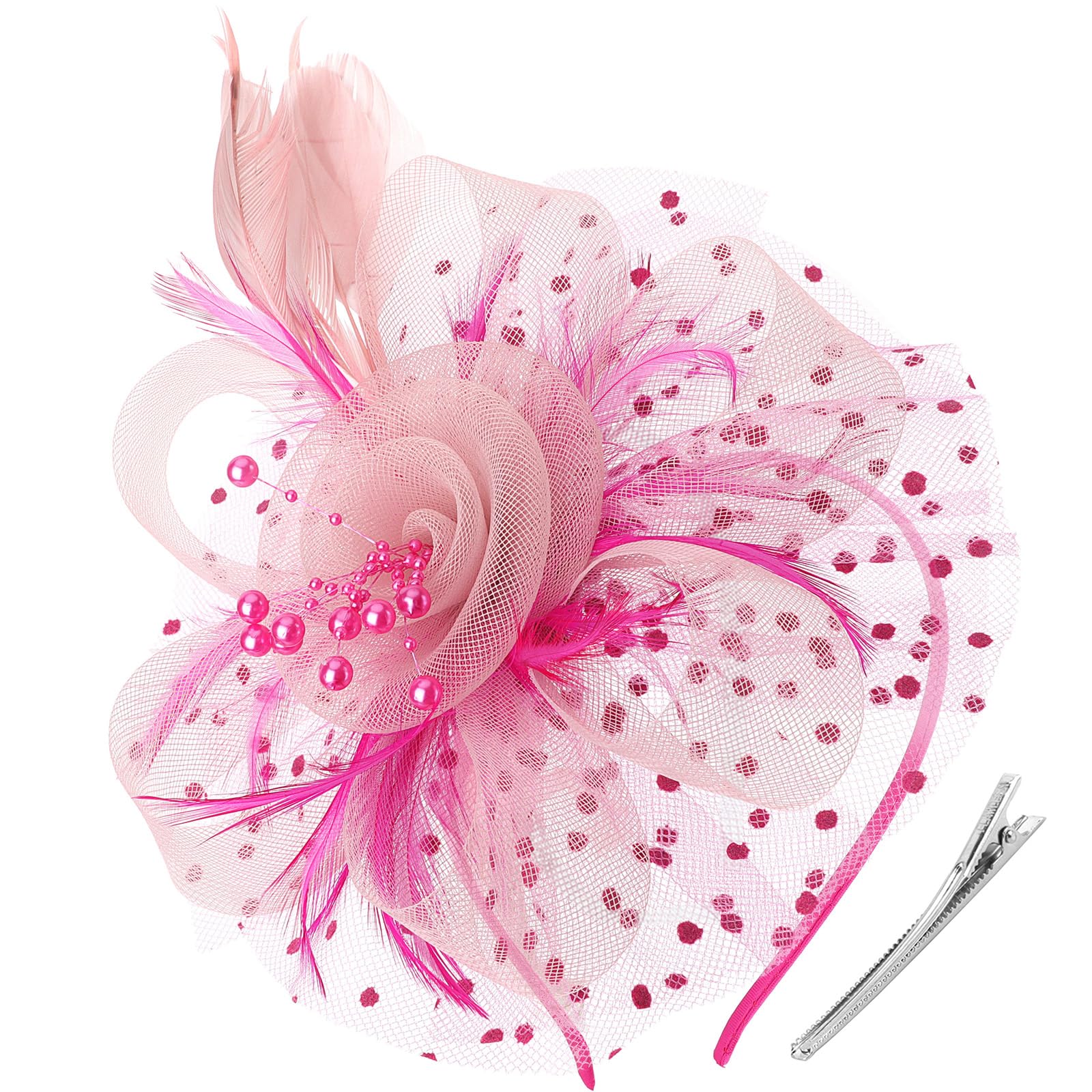 DRESHOW Fascinators Hat Flower Mesh Ribbons Feathers on a Headband and a Clip Tea Party Headwear for Girls and Women