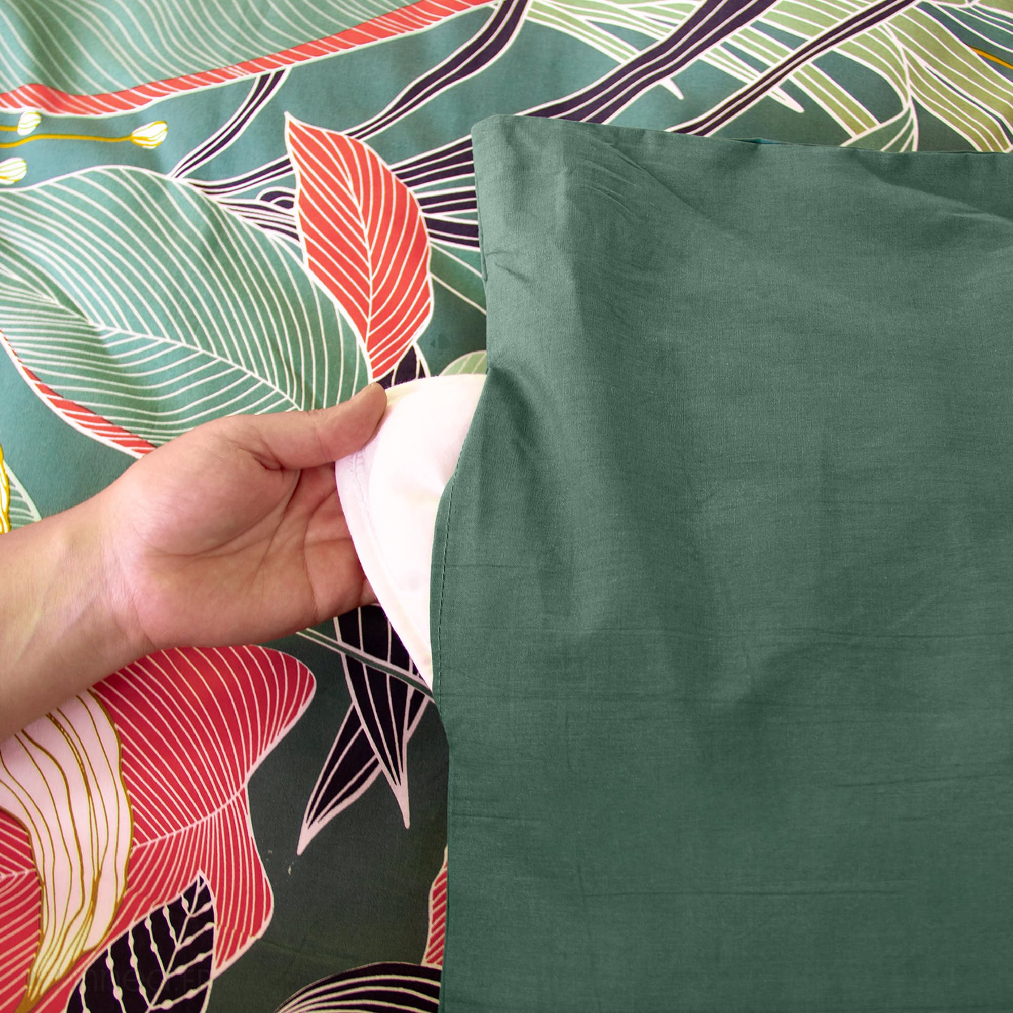 Parure de lit 260x240cm en Coton GIGAJUNG Vert Motif Tropical 3 pièces