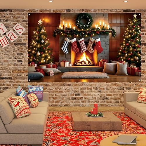 Miniatura 6 de Cartel de Navidad  Fondo de fiesta de Navidad para chimenea de gran tamaño para suministros de decoración de vacaciones, 71 x 43 pulgadas