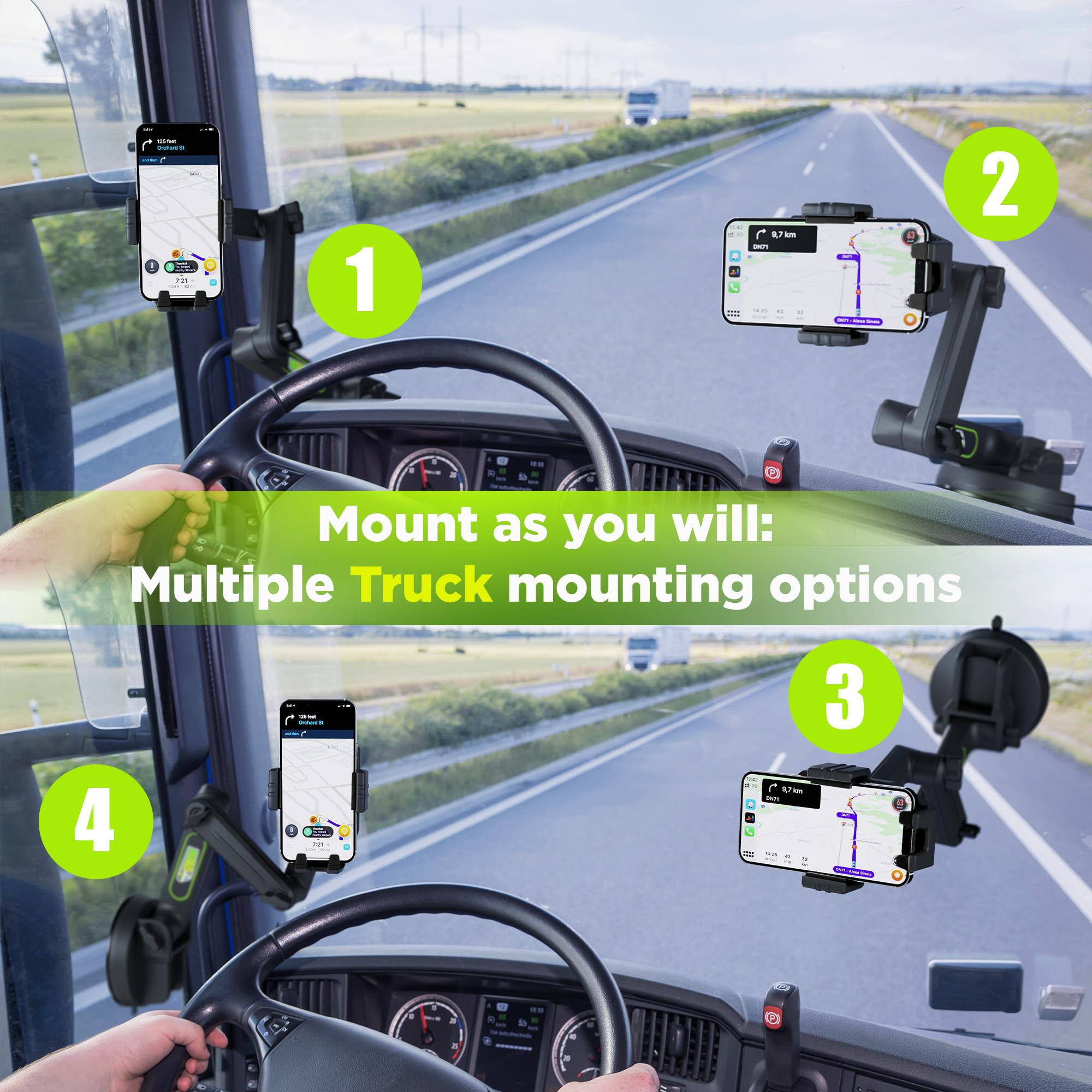 Soporte de teléfono celular para camioneta, soporte de teléfono para conductores de camiones, ventosa resistente + almohadilla para salpicadero, soporte para iPhone para ventana de salpicadero de 16.9