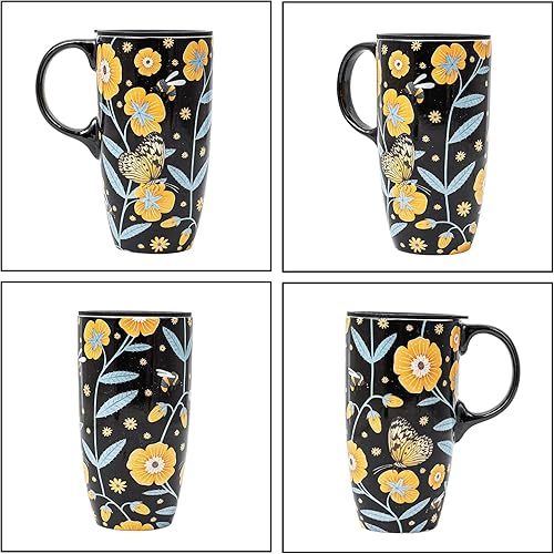 Miniatura 9 de Taza de café de viaje de cerámica con tapa para el hogar y la oficina, taza de té grande de porcelana de 17 onzas con mango de arte floral en caja