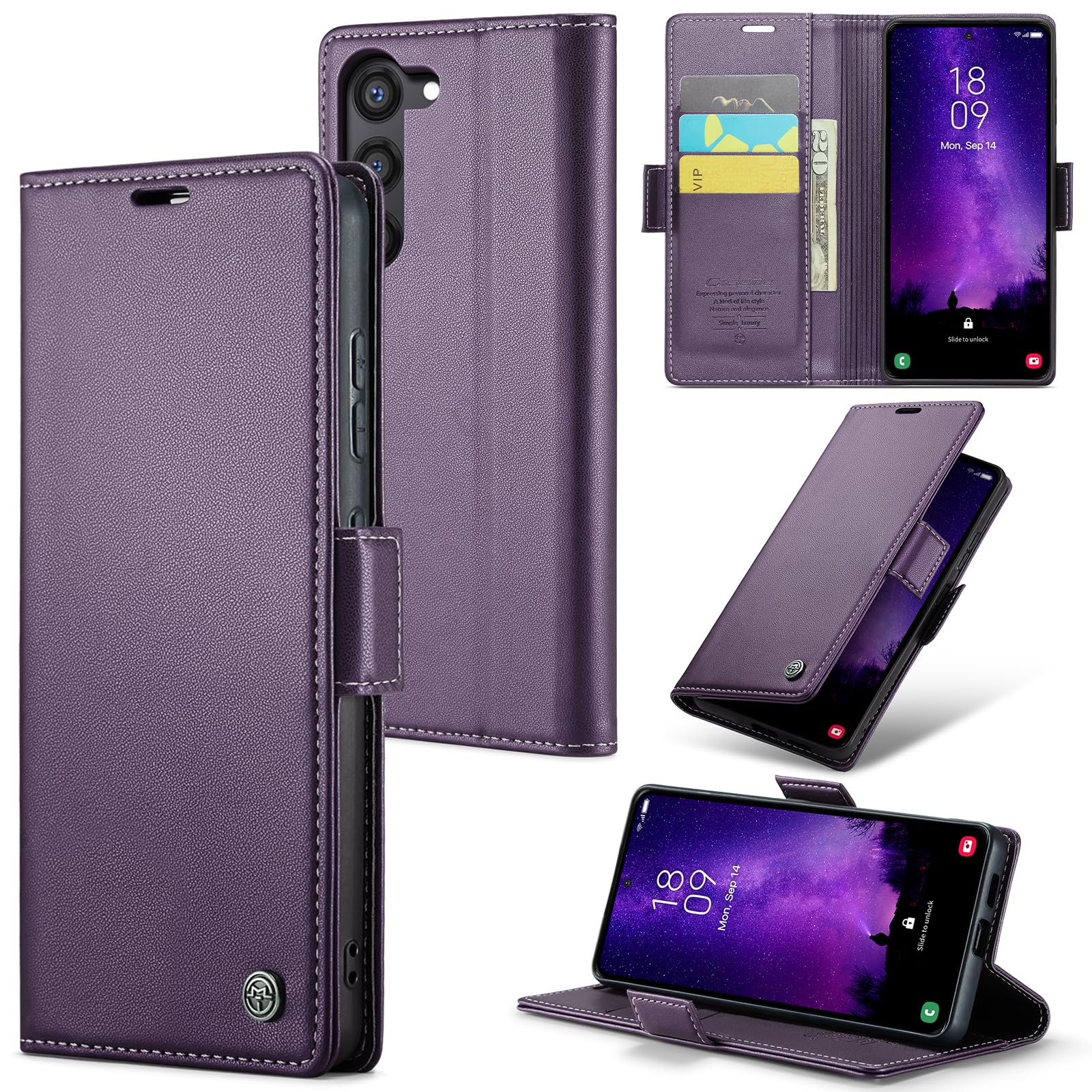 ELEPIK for Galaxy S24 FE Case with Card Holder, Kickstand [3 Card Holder + 1 Cash Slot] [Durable PU Leather] Magnetic Wallet Phone Cover for Samsung Galaxy S24 FE, Fashion Purple