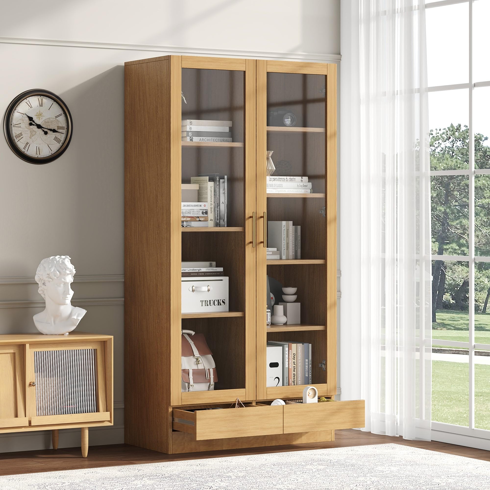 Moimhear Vitrina de cristal, estantería, estantería de almacenamiento, estantes escalonados, estantes no ajustables, cajones push to abiertos sin asas (80 x 40 x 160 cm, color madera)
