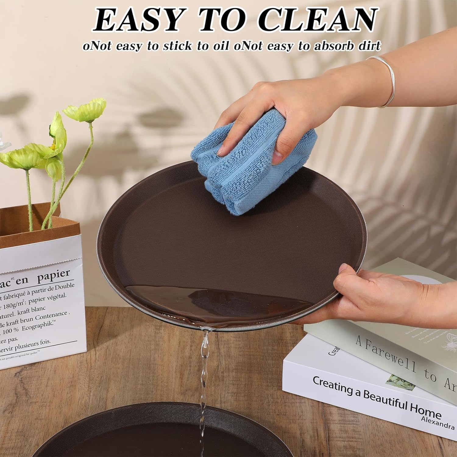 5 Pieces Restaurant Serving Tray, Non Slip Surface Round Tray Plastic Food Meals Server with Raised Edges for Home, Kitchen, Restaurant, Cafeteria, Bar, Hotel - Image 6