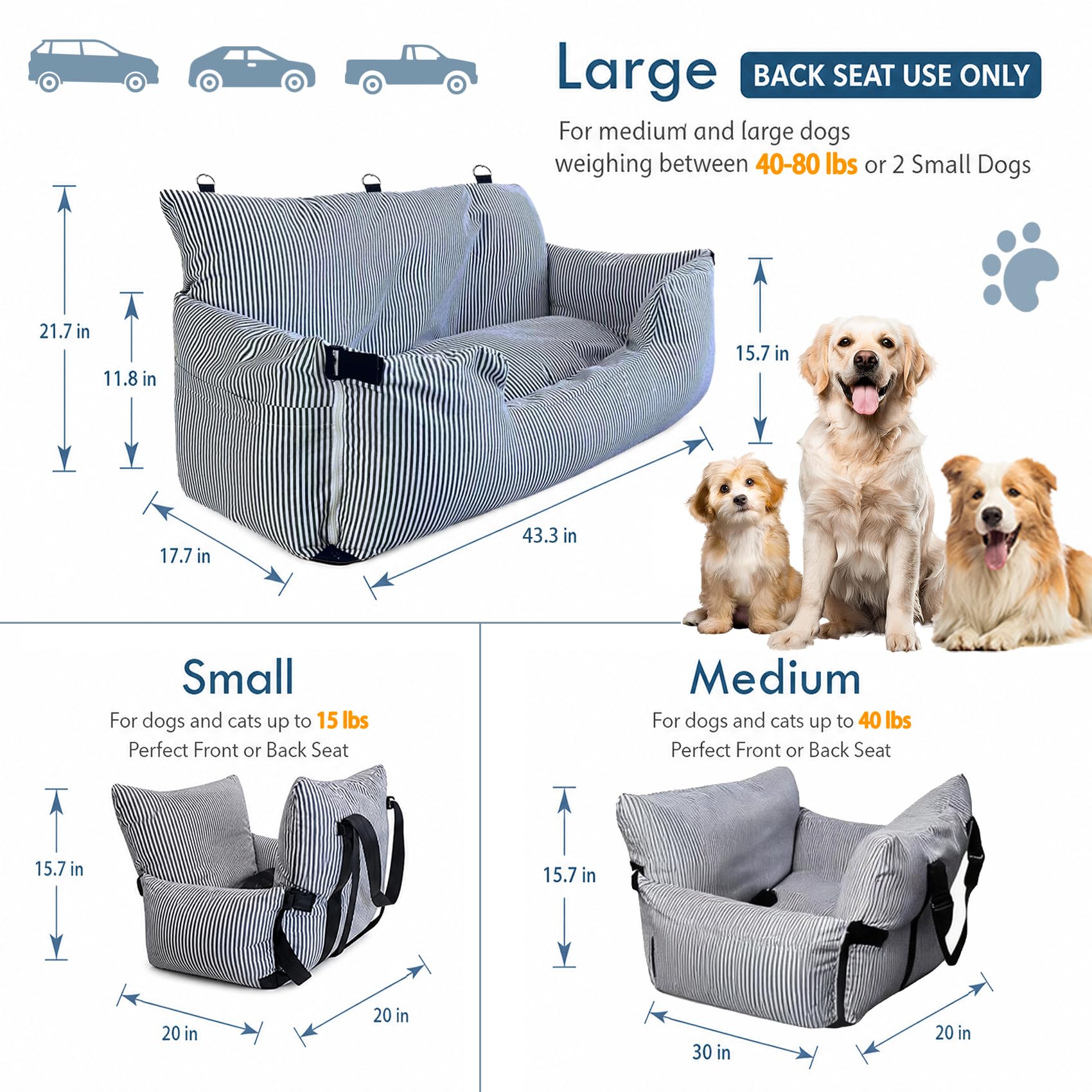 Siège auto pour chiens de grande taille jusqu'à 36 kg, lavable, pour banquette arrière de voiture, portable, avec 2 laisses de sécurité et support antidérapant