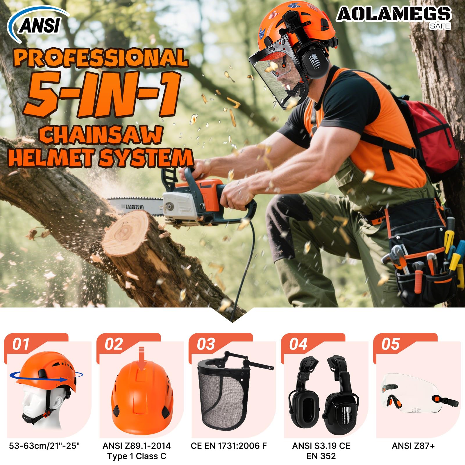 Casco de motosierra con protector facial y orejeras, casco de arborista ventilado con protección auditiva y máscara de malla completa, casco forestal aprobado por OSHA con protección