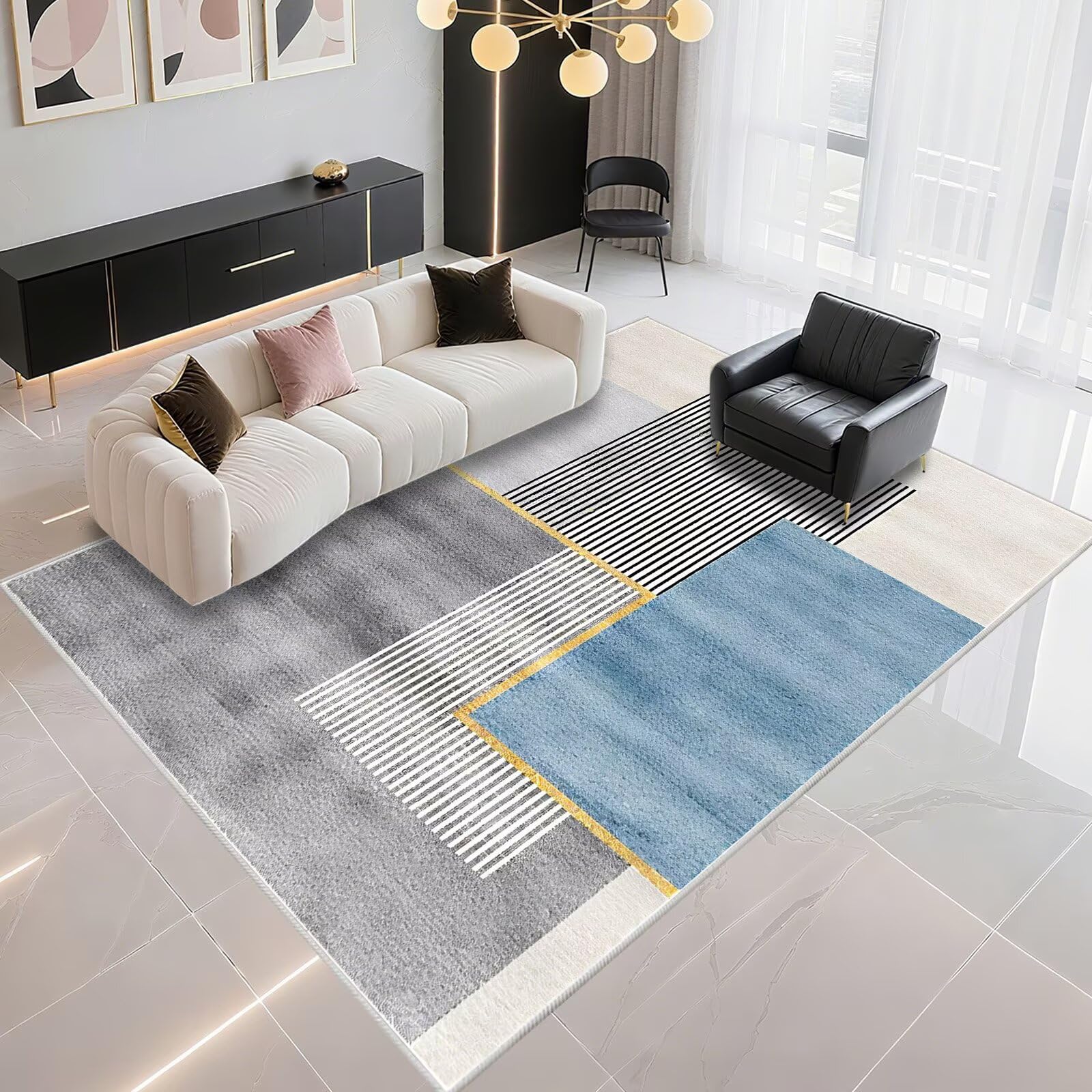 Tapis de salle à manger à rayures bleu-gris anti-poussière 130x200