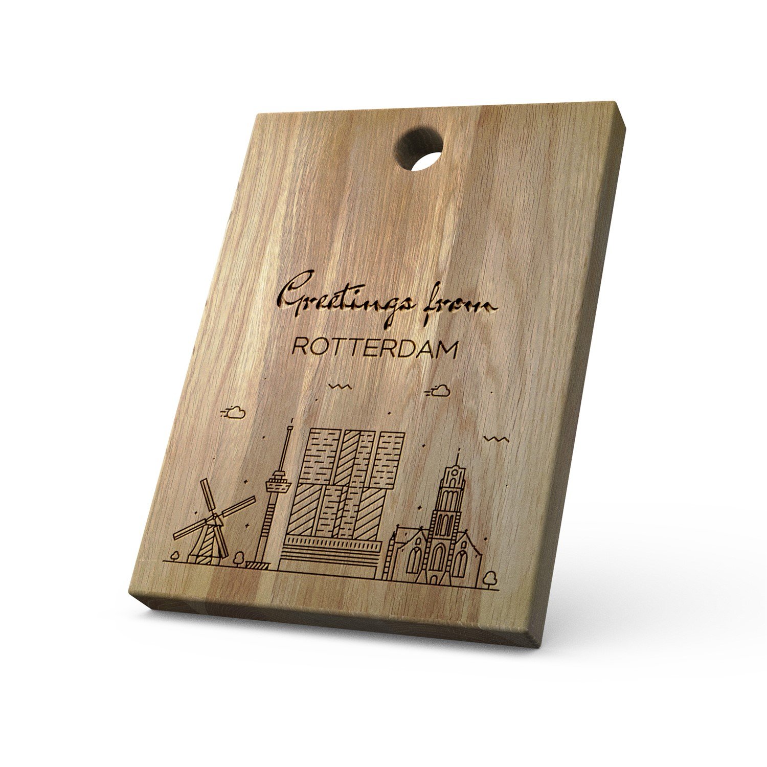 The Kitchenware CompanyKWCO Solid Oak Chopping and Serving Board with Carved Message - Greetings from Rotterdam (Large 37.5 x 27.2 x 3.5cm, Portrait)