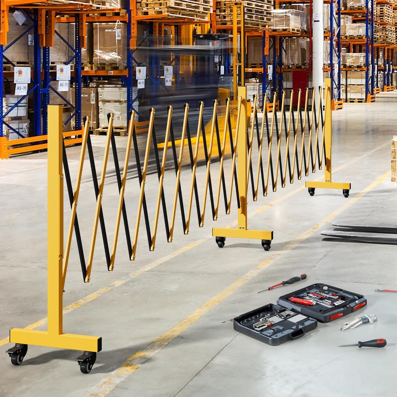 Garvee Barrera de seguridad extensible de metal, puerta plegable con ruedas, control de acceso y circulación, uso industrial y astilleros, instalación portátil, L: 488 cm, altura: 103 cm