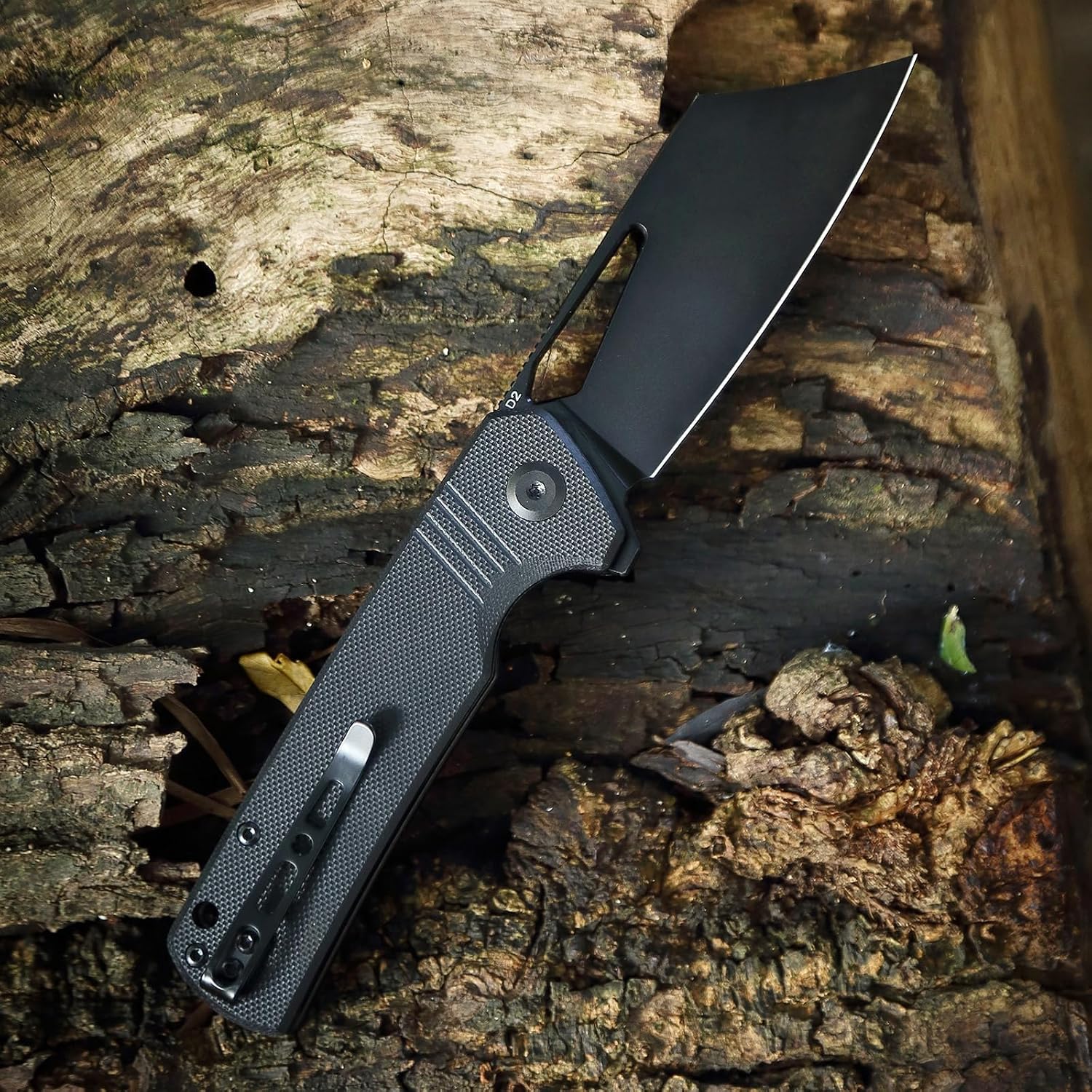 D2 Steel Pocket Folding Knife Cleaver - 3.54" Black Blade Liner Lock G10 Handle with Reversible Clip, Camping EDC Flipper Knives for Men & Women, Black