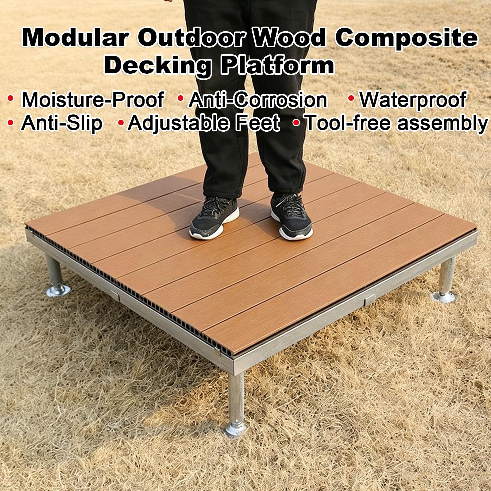 Terrazze Pavimento Piattaforma Rialzata Regolabile 84x84cm Piastrelle WPC | Tenda Campeggio Piattaforma Rialzata Con Telaio Metallico,Impermeabile,Effetto Legno Piastrelle Giardino(Dark brown)