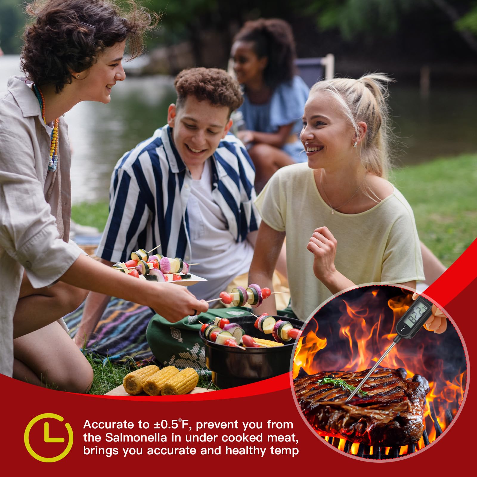 Copkim Lot de 24 thermomètres à viande à lecture instantanée avec longue sonde de 24 cm - Étanche - Pour barbecue, eau, lait, yaourt liquide (anneau carré, noir, blanc, rouge)