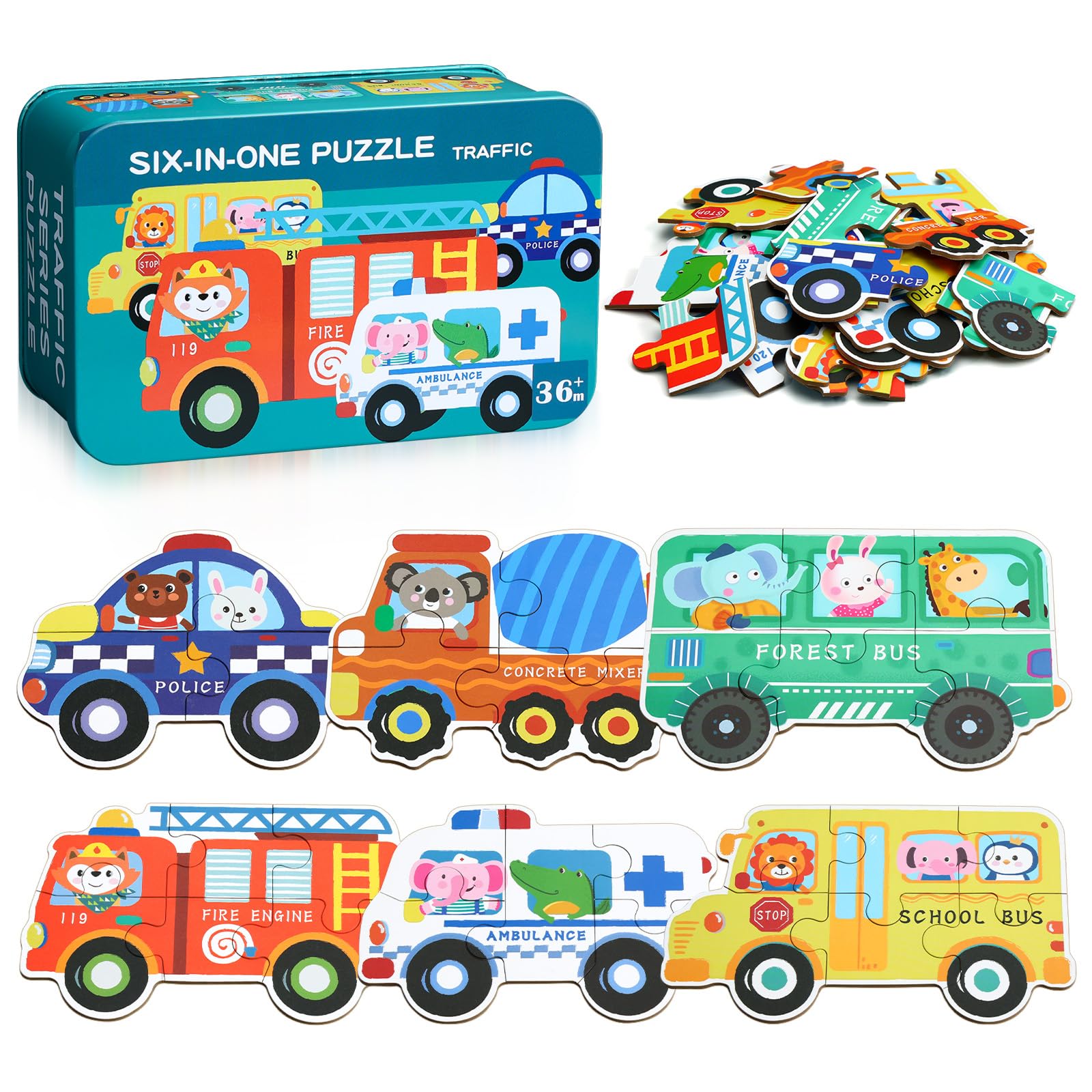 BBLIKE Puzzle 3 Años Juguetes Educativos Montessori, Puzzle Infantil 6 en 1 con Caja de Almacenamiento, Regalo para Niños 1-5 Años Conocer Animales y Automóviles, Juegos Didácticos Preescolar (Bus)