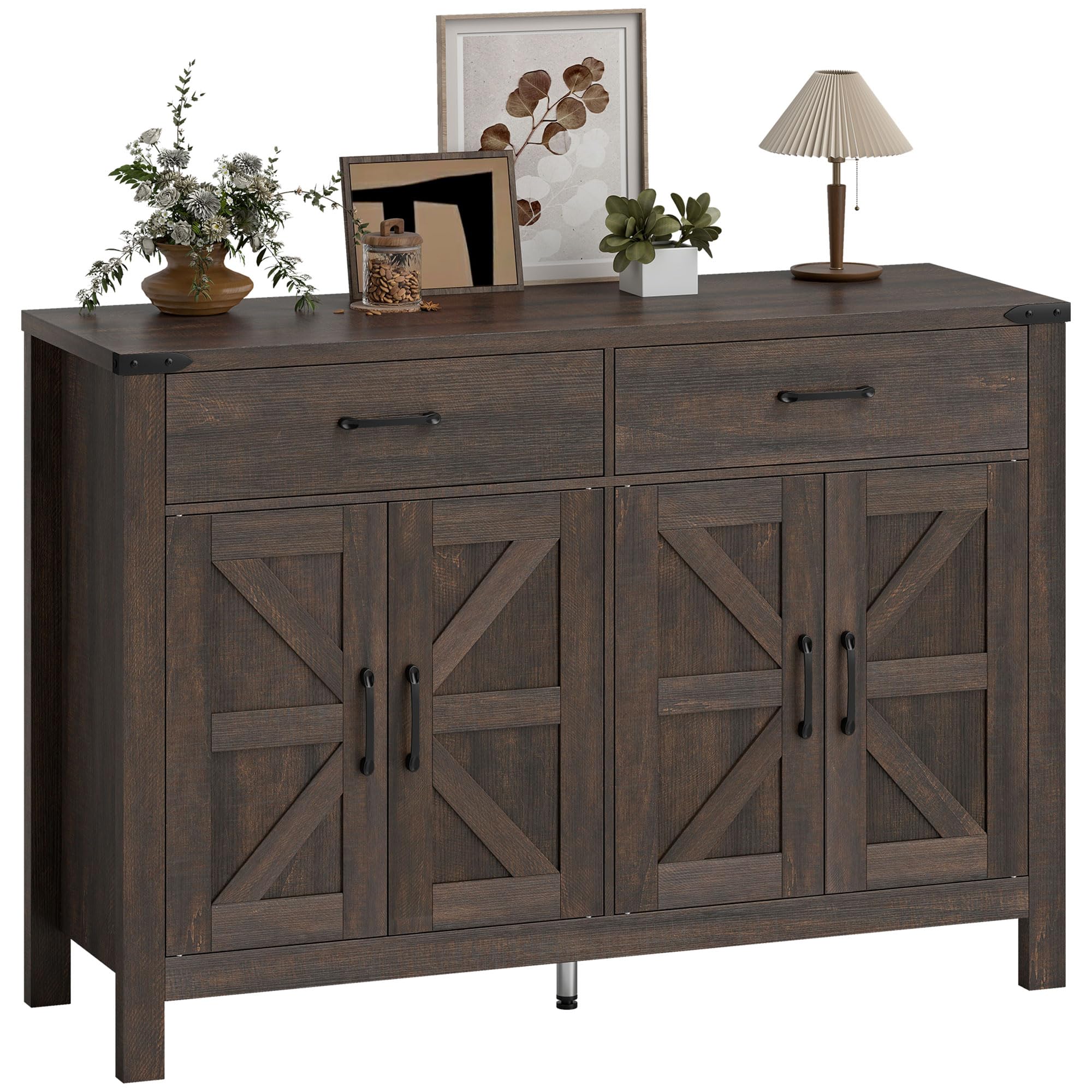 HOMCOM Sideboard Buffet Cabinet, Farmhouse, 4 Doors, 2 Drawers, Dark Brown