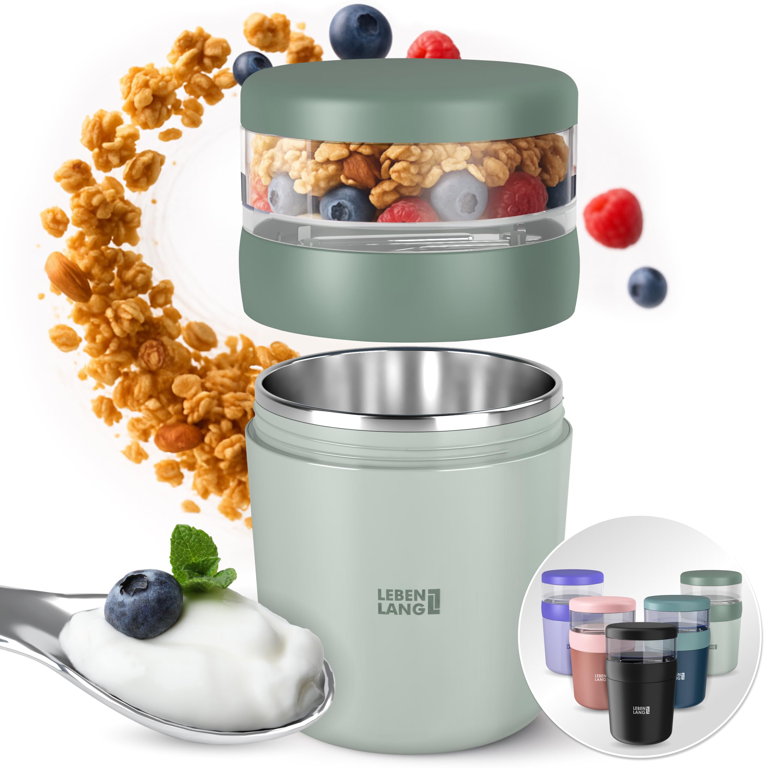LEBENLANG Cereal Cup To Go with Spoon - 650ml Incl. Stainless Steel Inlet