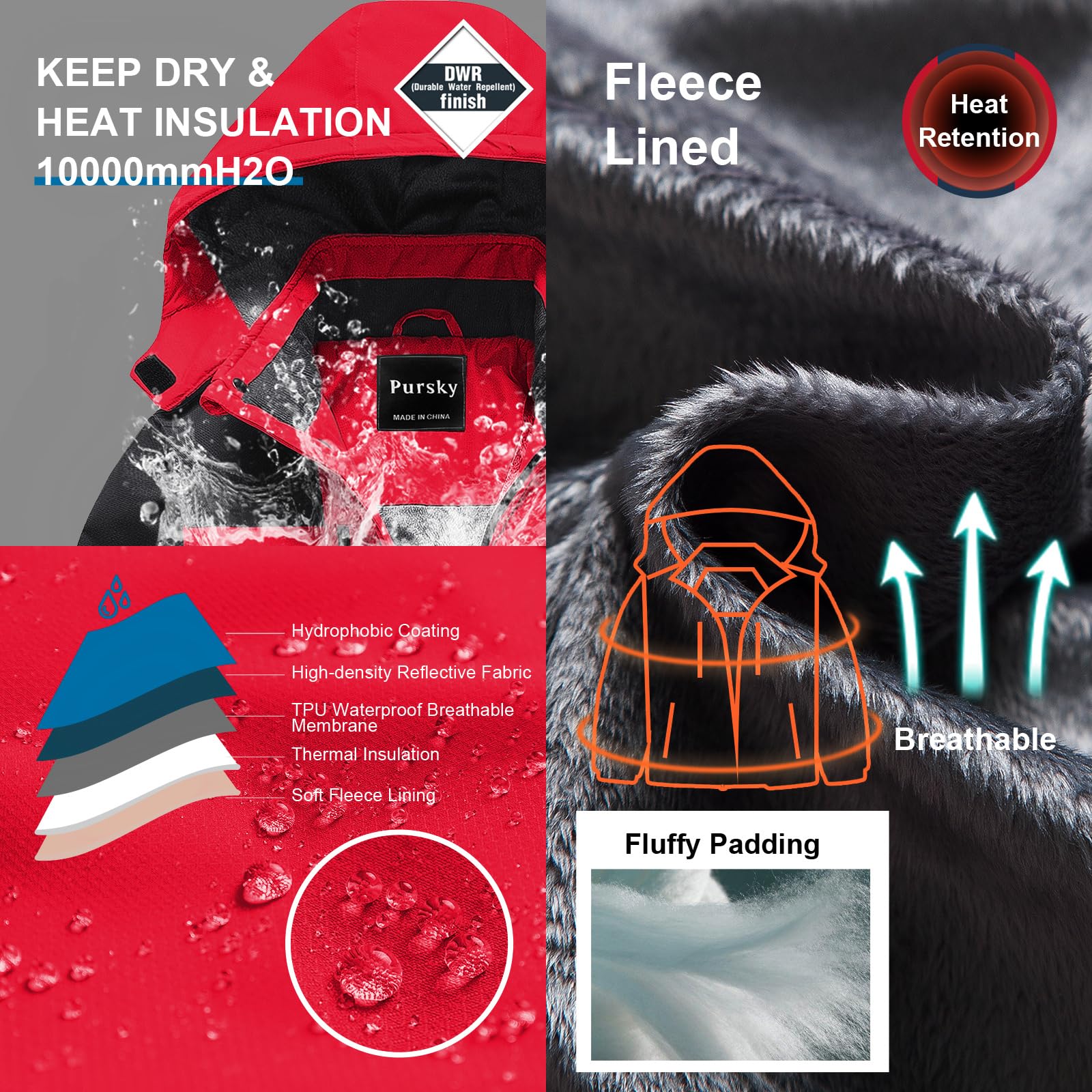Pursky Chaqueta de esquí impermeable para niños, abrigos de nieve de forro polar, parka