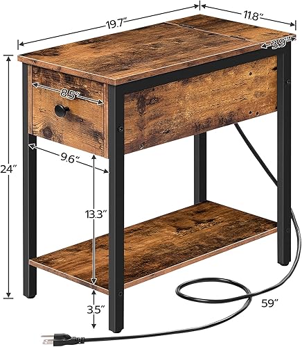 Miniatura 3 de HOOBRO Mesa auxiliar con estación de carga, mesa auxiliar estrecha, mesita de noche pequeña, mesitas de noche con cajón y estantes de café