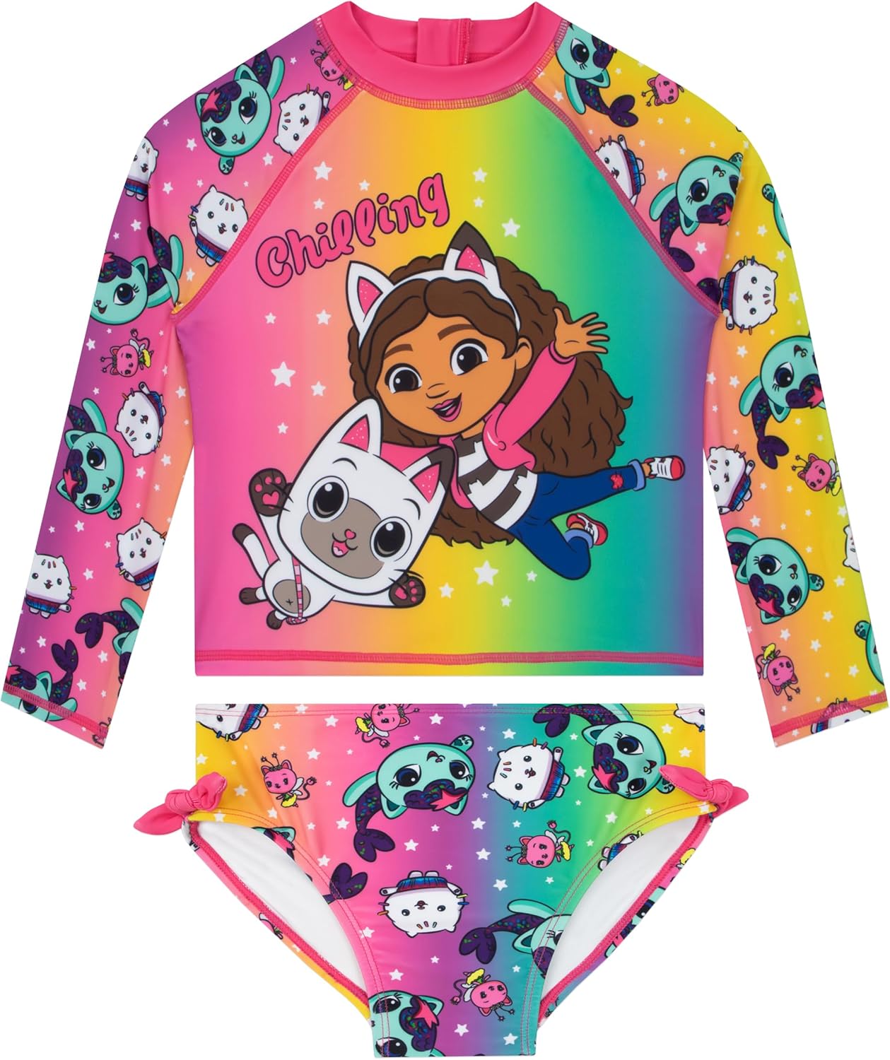 Gabby’s Dollhouse Costume, Gabby & Pandy Paws Girls Bathing Suit, Girls Swimsuit with Bows, Two Piece Kids Bathing Suit