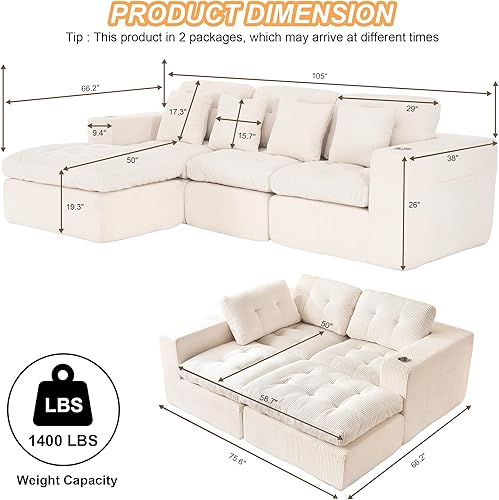 Miniatura 3 de 105 Inch Cloud Sectional Couch Modern Modular Sectional Sofa with Deep Seat - L Shaped Comfy 3 Seater Sectional Couches for Living Room with Cup