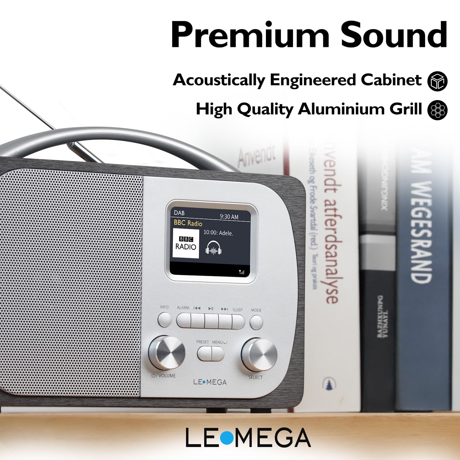 LEMEGA DR5 Radio Numérique DAB/DAB+ Bluetooth Réveil FM Secteur Piles Compacte Bois Métal Brossé