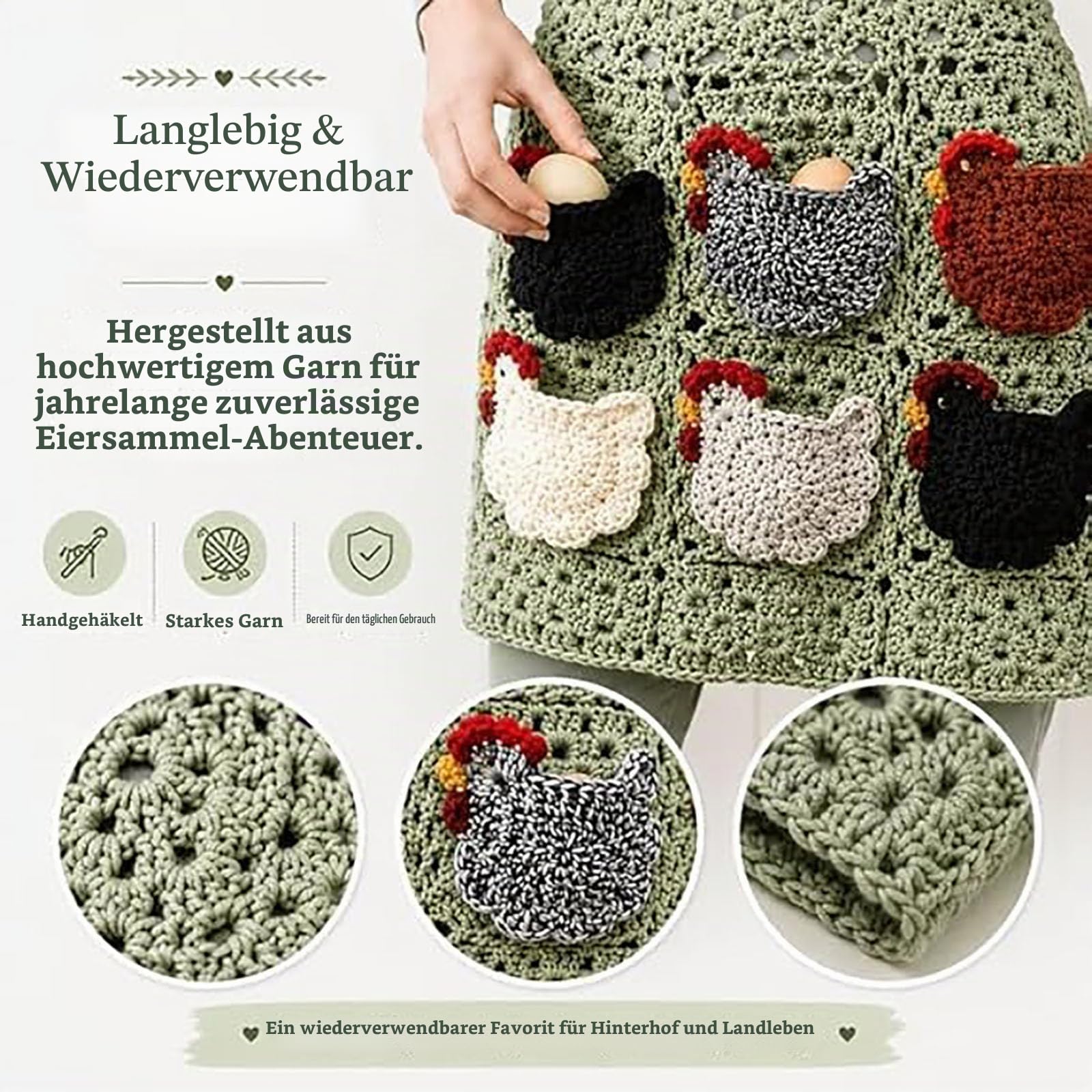 Handgehäkelte Schürze zum Eiersammeln mit individuellen Taschen – Sammelschürze für frische Hofeier, mit Hühnertaschen für Hühnerstall und Geflügelgehege