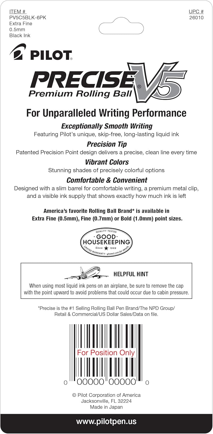 PILOT Precise V5 Stick Liquid Ink Rolling Ball Stick Pens, Extra Fine Point (0.5mm) Black Ink, 5-Pack (26010) : Rollerball Pens : Office Products