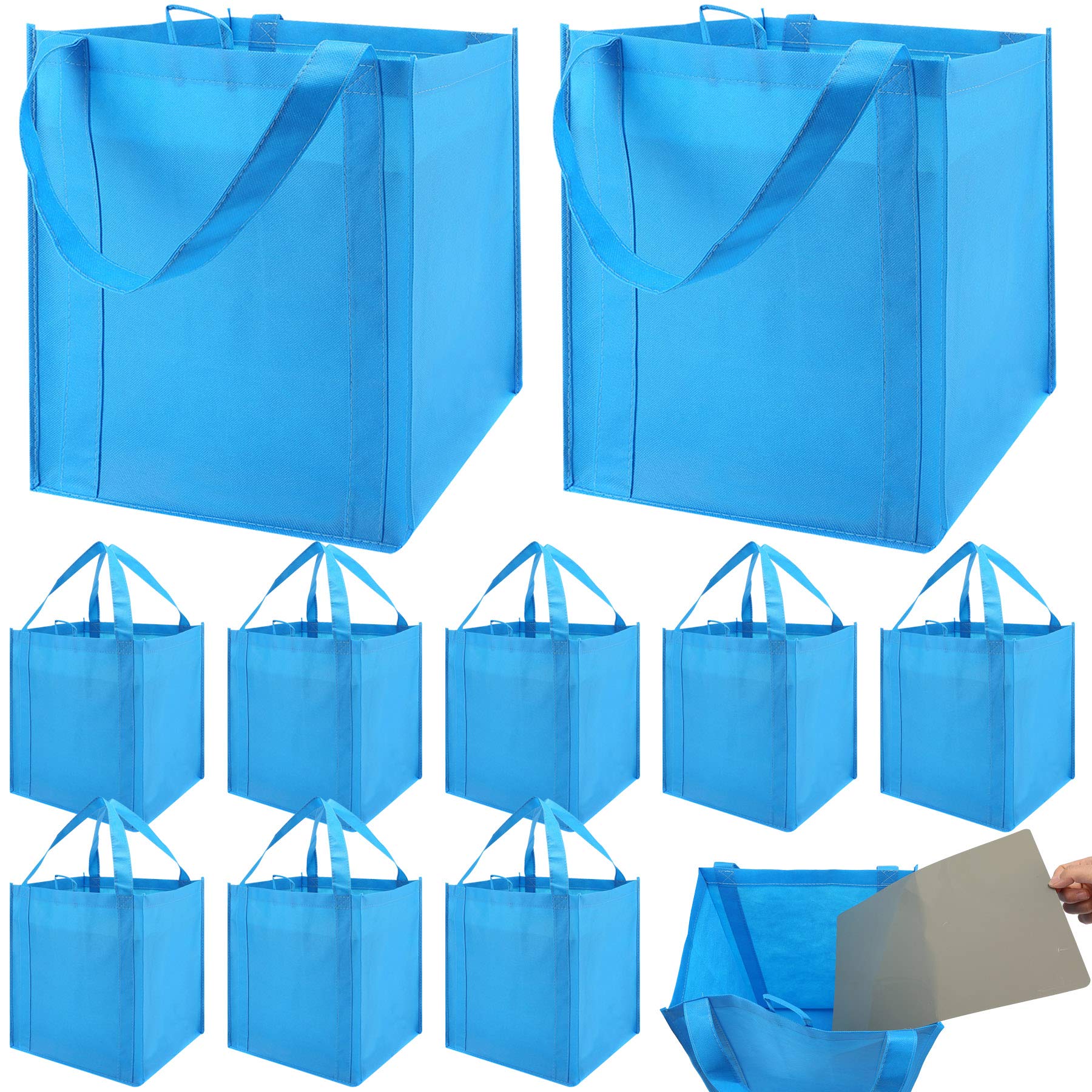 NERUB Set of 10 Reusable Grocery Bags Heavy Duty Shopping Bags Large Grocery Totes with Reinforced Bottom Super Sturdy Handles Washable, Blue