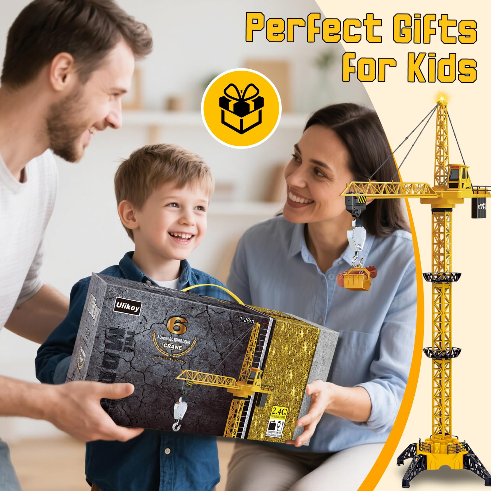 Ulikey Tour télécommandée, 128 cm de haut, grue rotative à 6 canaux, grue radiocommandée, télécommande à 680 °, ascenseur, avec phare et son, jouet de construction pour enfants à partir de 4 ans