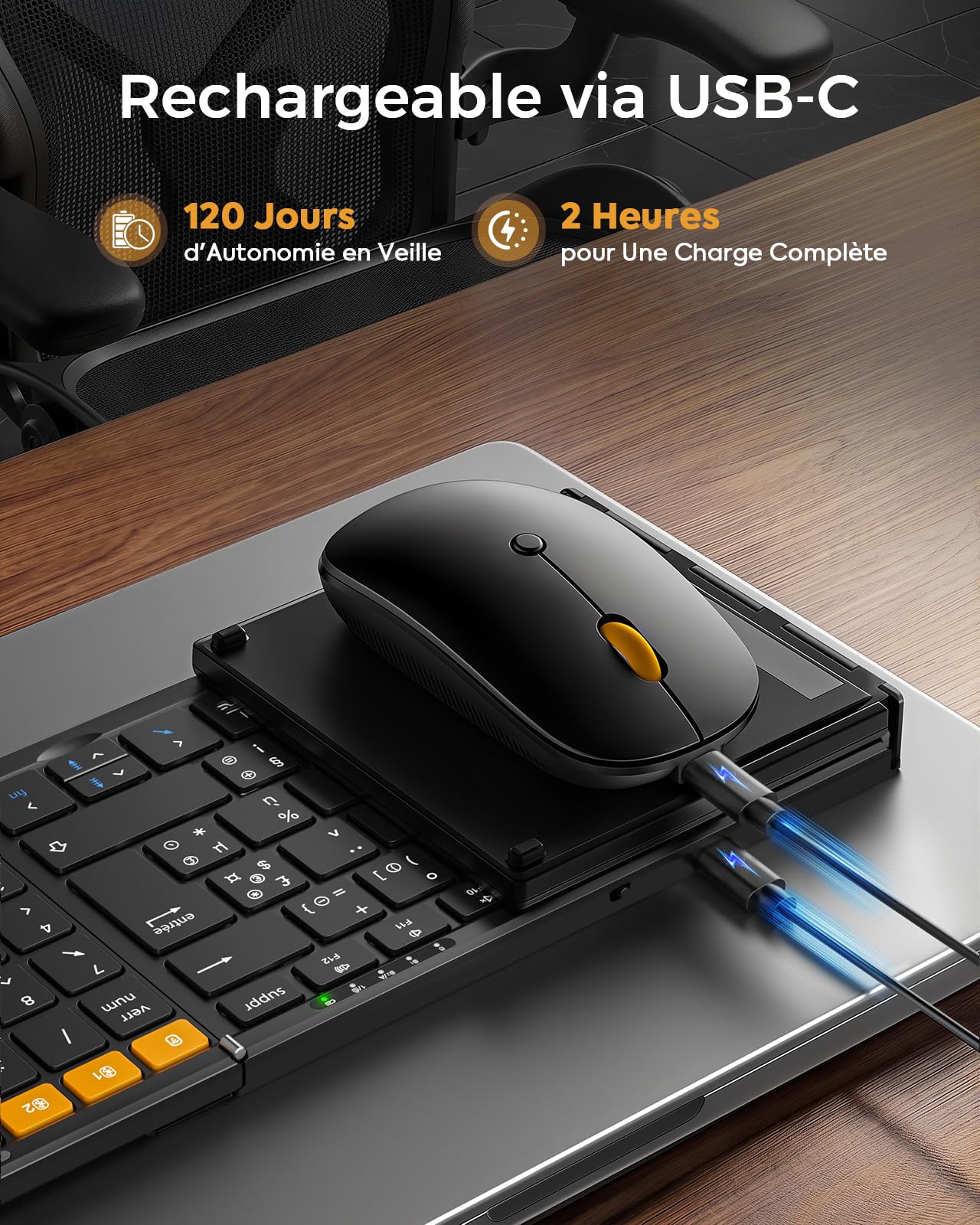 MoKo Clavier Souris sans Fil Pliable, AZERTY Clavier Bluetooth Portable | 2.4G+Dual BT5.0, avec Pavé Numérique, Recharge via USB-C, Coque de transport, pour Affaires et Voyages, pour Tablette iPad PC