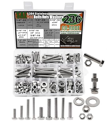 CO-RODE 236PCS 1/4-20, 5/16-18, 3/8-16 Heavy Duty Bolts and Nuts Assortment Kit,SAE Flat Washers, Lock Washers,304 Stainless Steel,10 Most Common Sizes