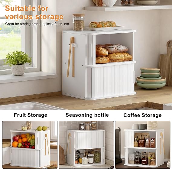 WOWLIVE 2-Tier Bread Box for Kitchen Countertop, Double Layer Roll Top Bread Boxes with Sliding Doors, Extra Large Bread Storage Cabinet for Loaves & Pastries, Bamboo Counter Organizer, White