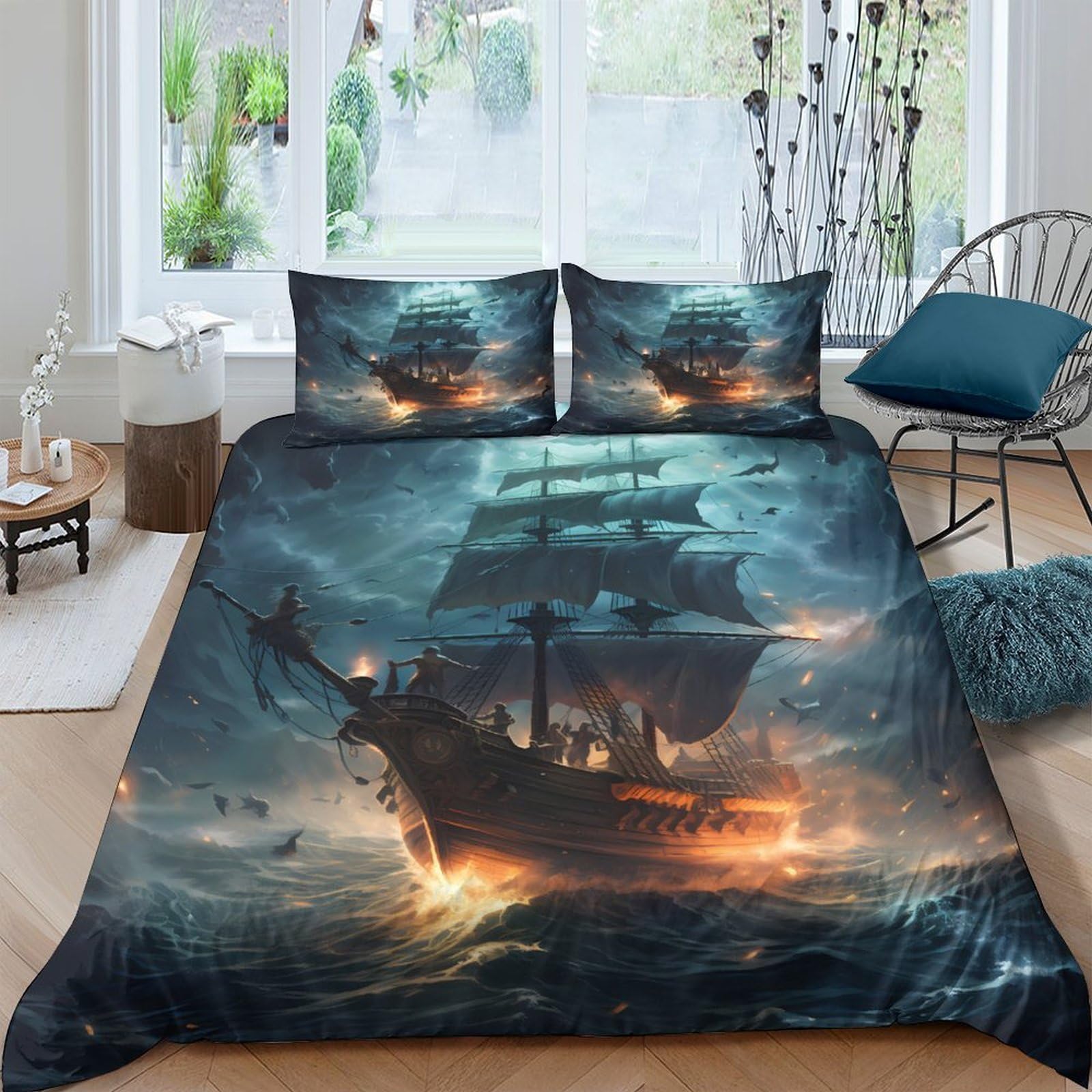 Ctjqhvkz Style-1 3D Printed Pirate Ship Ocean Fitted Sheet Microfiber Bedroom Decor Fire Night Mattress Cover For Home Dorm Single（135X200cm）