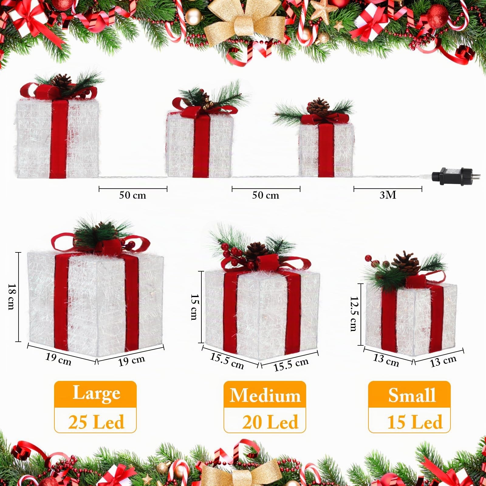 Quntis Scatole Regalo Luci di Illuminate Natale,60LED Pacco Regalo Luminoso | Set di 3 Scatole Luci Decorazione Natalizia, Pacchi Regalo Luminosi per L'Albero di Natale/Home Showcase/Negozio Vetrina