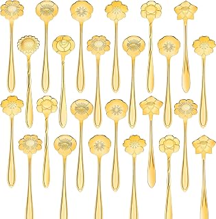 EBOOT 24 Pcs Gold Flower Teaspoon Stainless Steel Party Spoons Mini Cute Teaspoon for Stirring Coffee Sugar Drink Demitasse Kitchen Cafe Bar Tableware Party Favors Decorations