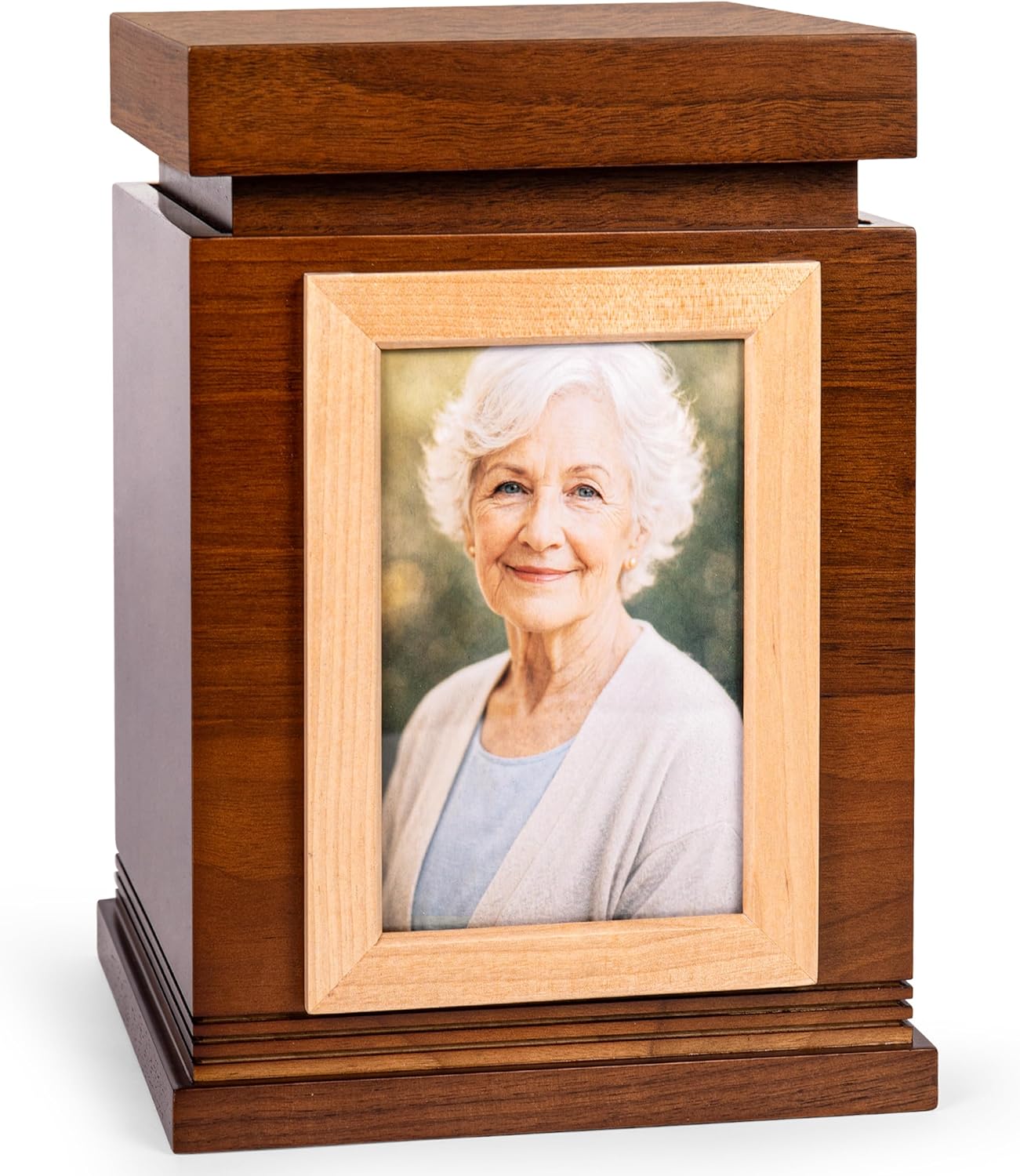 Walnut Wood Urns for Human Ashes – Large Adult Cremation Urn with Photo Frame – Memorial Funeral Urn Box for Ashes, Solid Wooden Urn with Velvet Bag