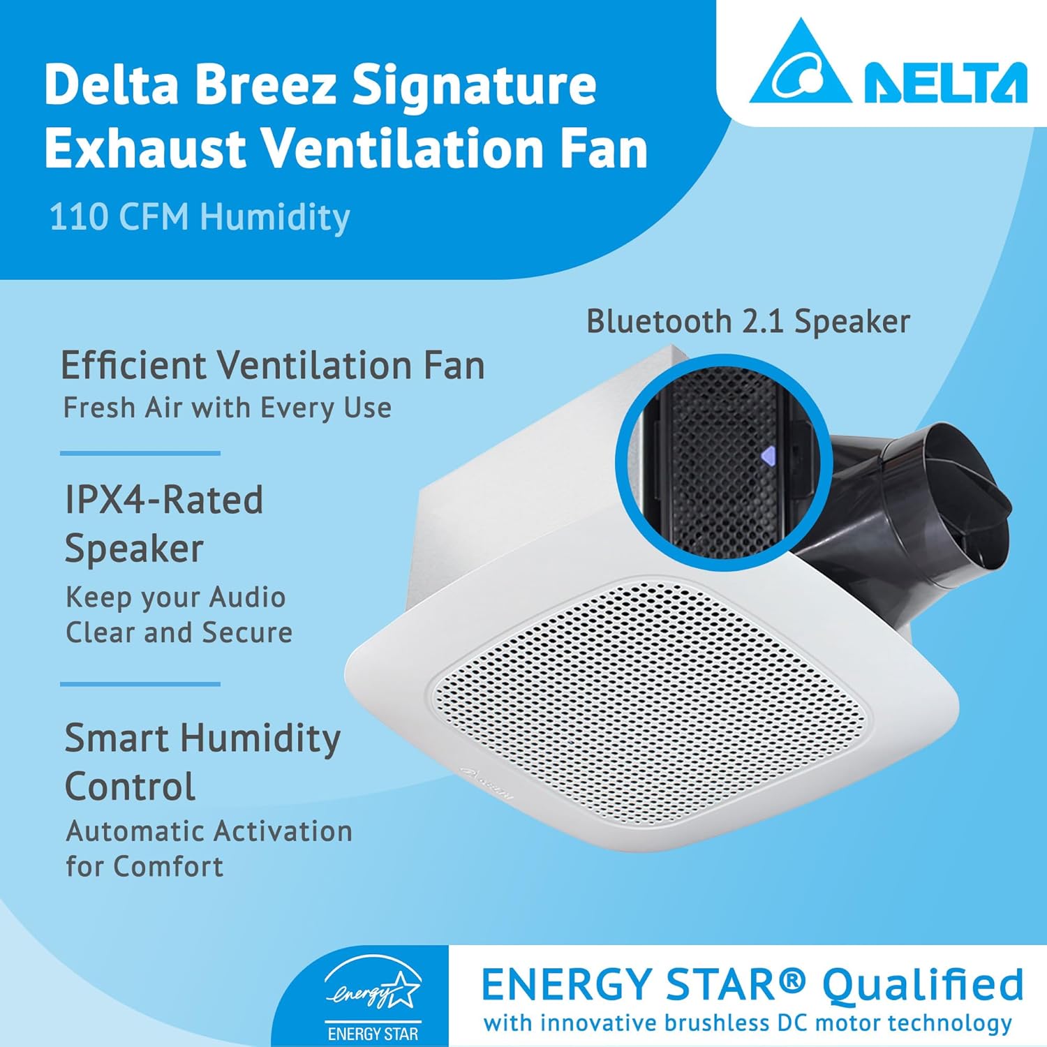 delta breez signature bathroom fan angled view with grille