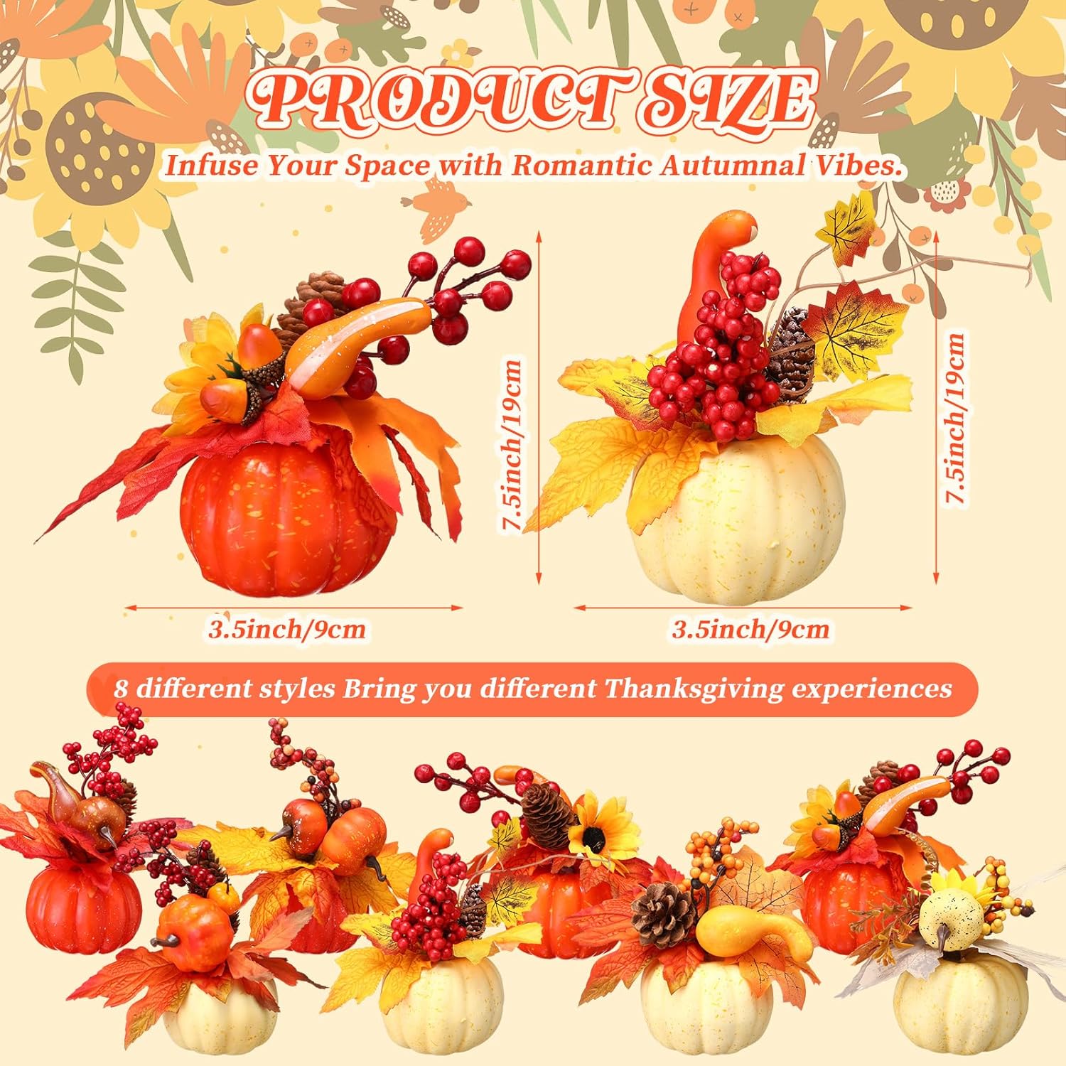 Wonderjune 8 Pcs Thanksgiving Pumpkin Decor Set Fall Table Centerpieces Fake Pumpkin Berry Acorn Pine Cone Maple Leaves for Autumn Thanksgiving Home Table Decorations (Orange,Beige)