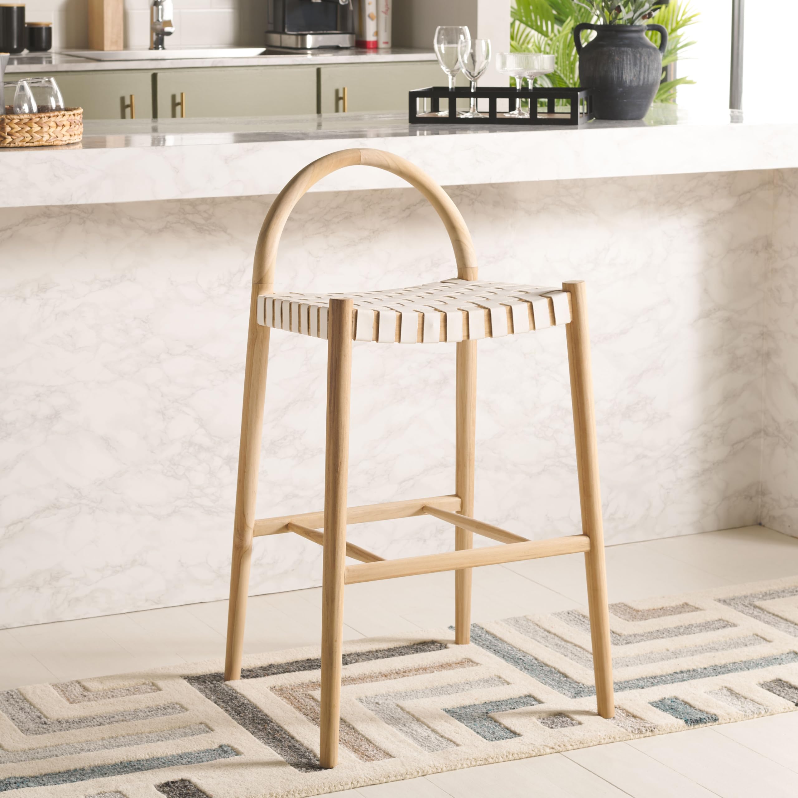 Home Collection Rhyan Taburete de bar de cuero tejido blanco/teca natural, madera maciza de madera maciza de 30 pulgadas (totalmente montado) 3